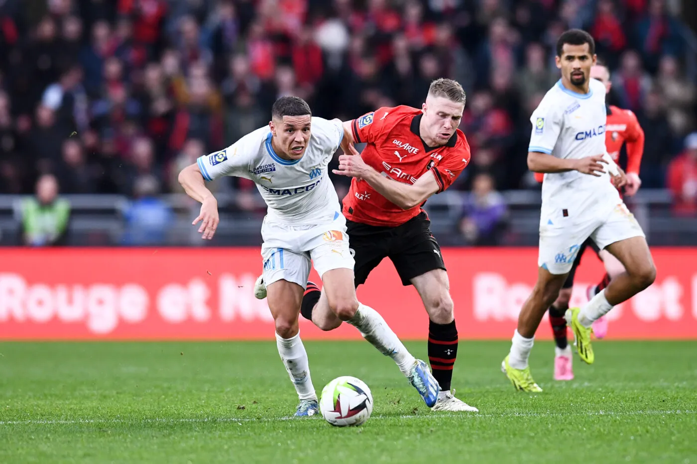 11 Amine HARIT (om) - 03 Adrien TRUFFERT (srfc) during the Ligue 1 Uber Eats match between Rennes and Marseille at Roazhon Park on March 17, 2024 in Rennes, France.(Photo by Philippe Lecoeur/FEP/Icon Sport)   - Photo by Icon Sport