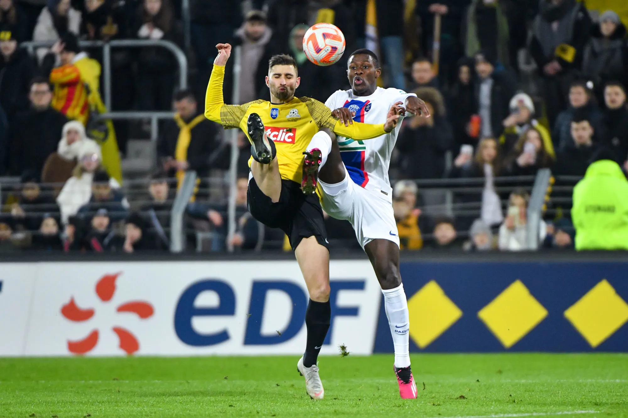 Nuno MENDES of PSG during the Round of 16 French Cup match between Pays de Cassel and Paris Saint Germain at Stade Bollaert-Delelis on January 23, 2023 in Lens, France. (Photo by Franco Arland/Icon Sport)