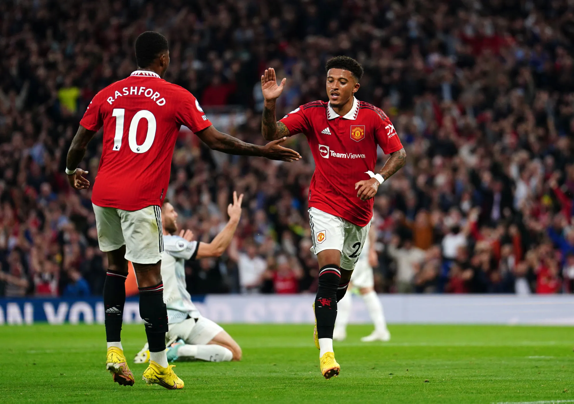 Manchester United's Jadon Sancho celebrates scoring their side's first goal of the game during the Premier League match at Old Trafford, Manchester. Picture date: Monday August 22, 2022. - Photo by Icon sport