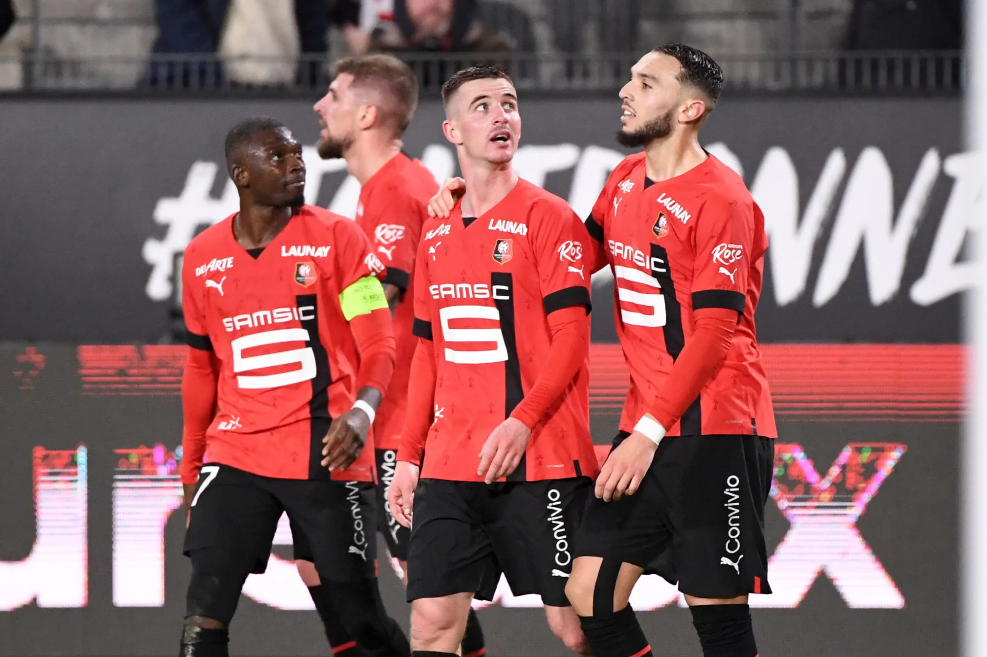 19 Amine GOUIRI (srfc) - 14 Benjamin BOURIGEAUD (srfc) during the Ligue 1 Uber Eats match between Rennes and Nice at Roazhon Park on January 2, 2023 in Rennes, France. (Photo by Anthony Bibard/FEP/Icon Sport)