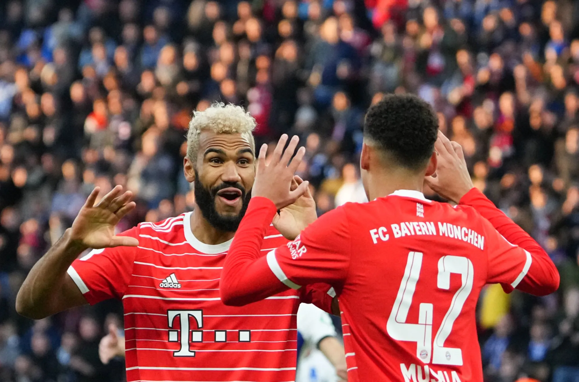 dpatop - 05 November 2022, Berlin: Soccer, Bundesliga, Hertha BSC - FC Bayern Munich, Matchday 13 at the Olympiastadion. Bayern's Jamal Musiala (r), scorer of the 0:1, celebrates with Bayern's Eric Maxim Choupo-Moting after his goal. Photo: Soeren Stache/dpa - IMPORTANT NOTE: In accordance with the requirements of the DFL Deutsche Fußball Liga and the DFB Deutscher Fußball-Bund, it is prohibited to use or have used photographs taken in the stadium and/or of the match in the form of sequence pictures and/or video-like photo series. - Photo by Icon sport
