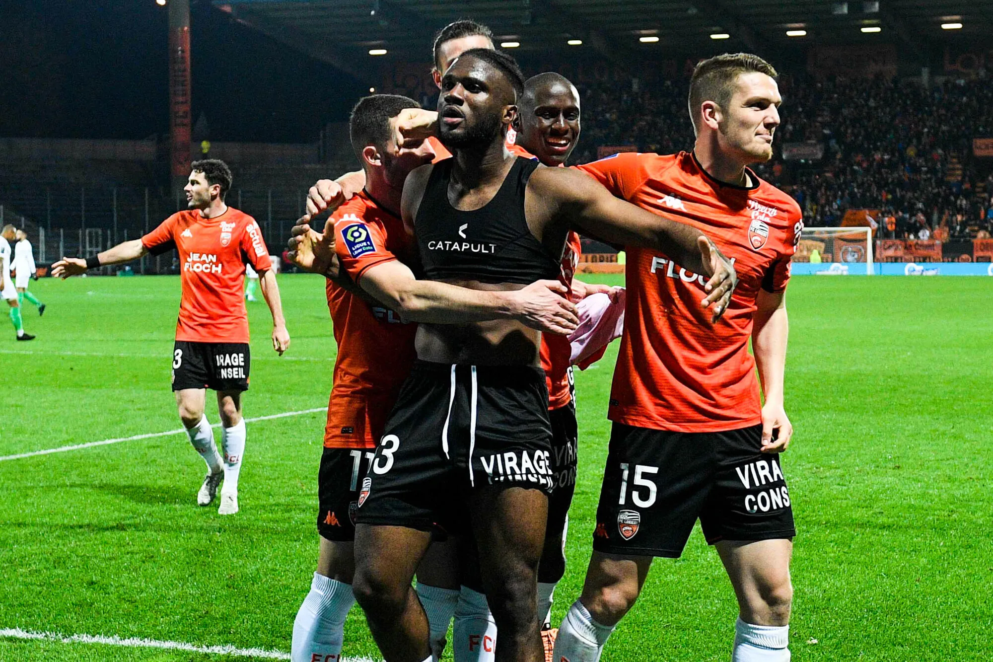 13 Terem Igobor MOFFI (fcl) - 15 Julien LAPORTE (fcl) - 17 Houboulang MENDES (fcl) during the Ligue 1 Uber Eats match between Lorient and Saint Etienne on April 8, 2022 in Lorient, France. (Photo by Christophe Saidi/FEP/Icon Sport) - Photo by Icon sport