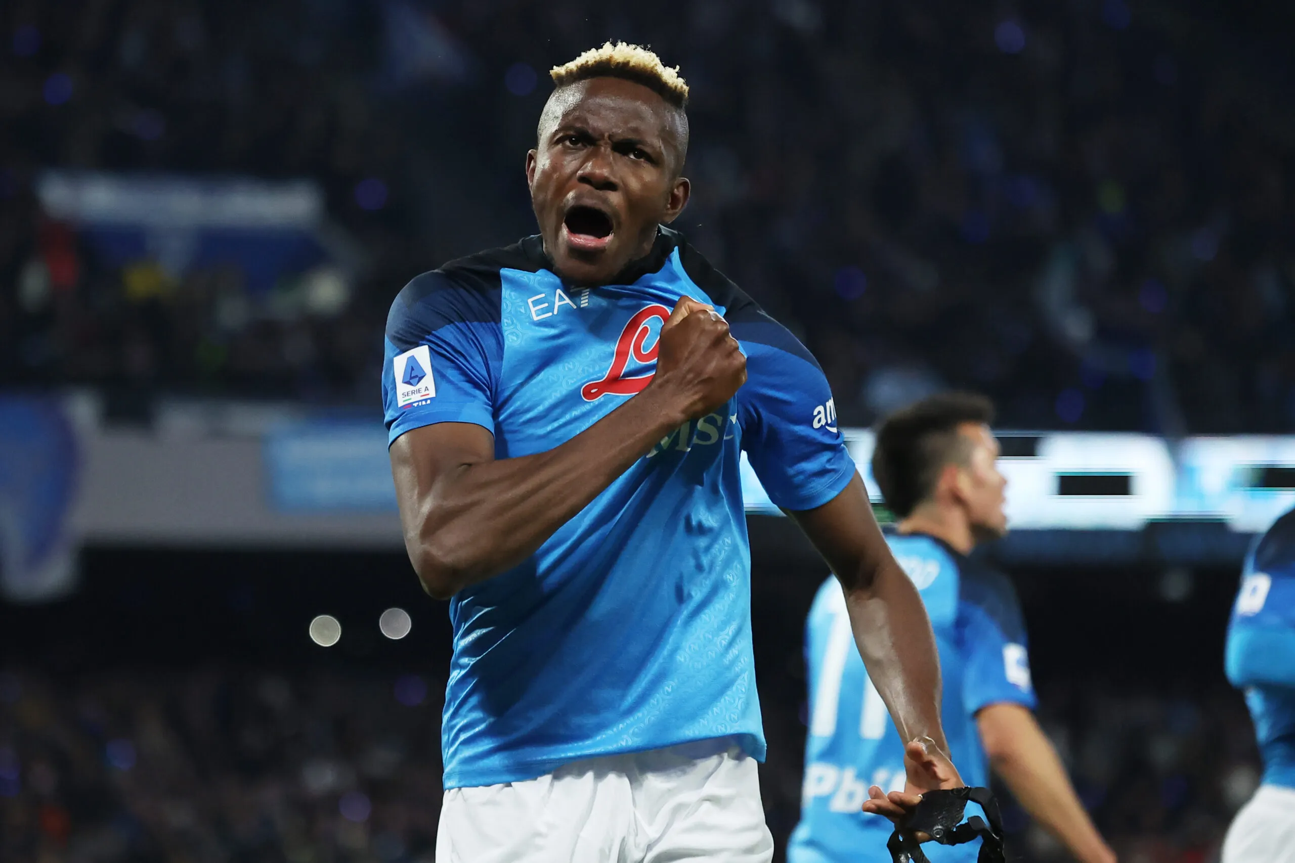 Foto Alessandro Garofalo/LaPresse 29 gennaio 2023 Napoli, Italia sport calcio Napoli vs Roma - Campionato di calcio Serie A TIM 2022/2023 - stadio Diego Armando Maradona Nella foto: esultanza Victor Osimhen per il goal January 29 , 2023 Naples, Italy sport soccer Napoli vs Roma - Italian Football Championship League A TIM 2022/2023 - Diego Armando Maradona stadium. In the pic: Victor Osimhen gial - Photo by Icon sport