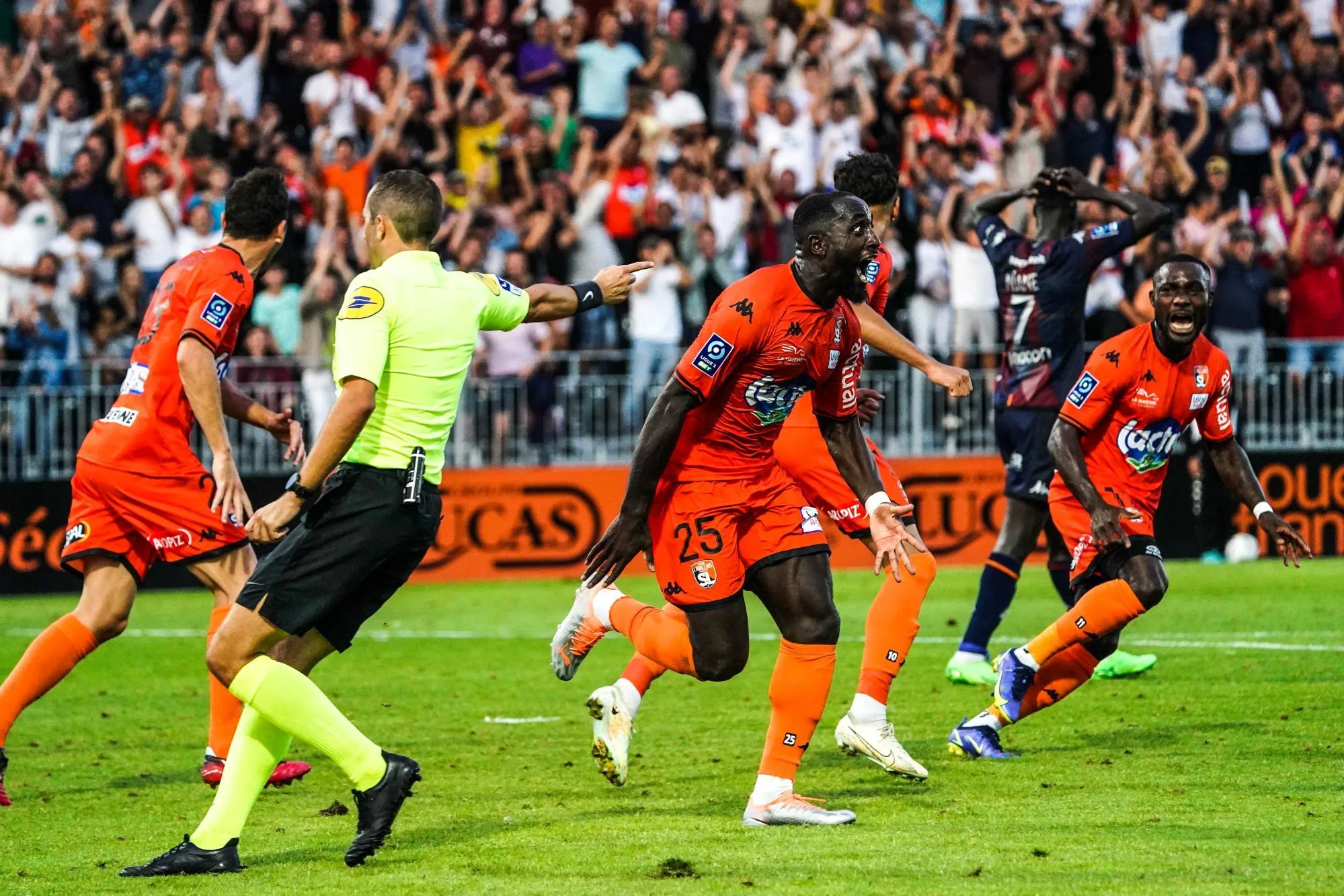 Edson SEIDOU of Laval celebrates after the goal of Djibril DIAW of Laval during the Ligue 2 BKT match between Stade Lavallois and FC Metz at Stade Francis-Le Basser on August 20, 2022 in Laval, France. (Photo by Eddy Lesmaistre/Icon Sport)