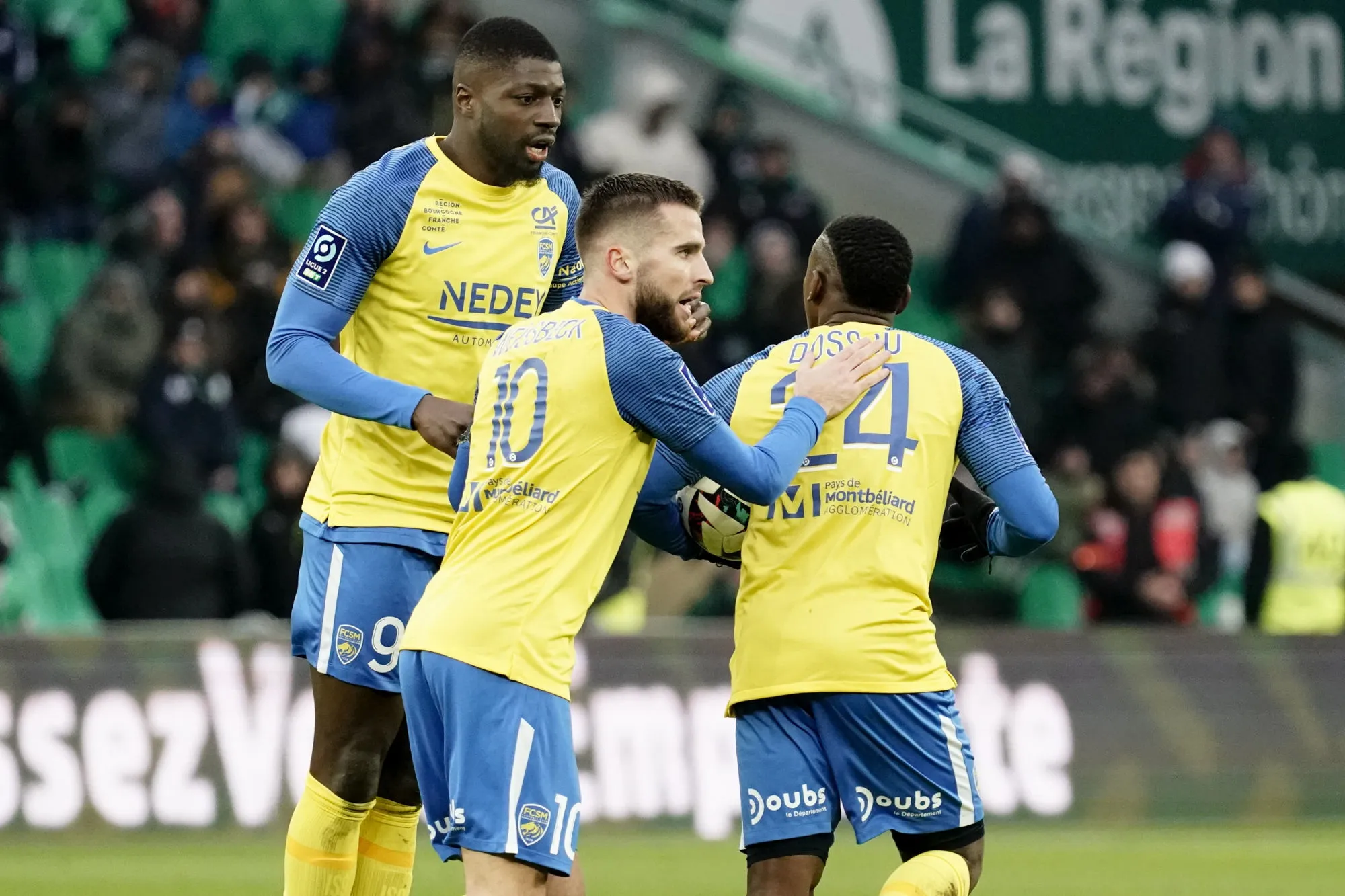 09 Ibrahim SISSOKO (fcsm) - 10 Gaetan WEISSBECK (fcsm) - 24 Jodel DOSSOU (fcsm) during the Ligue 2 BKT match between Saint Etienne and Sochaux at Stade Geoffroy-Guichard on January 28, 2023 in Saint-Etienne, France. (Photo by Dave Winter/FEP/Icon Sport)