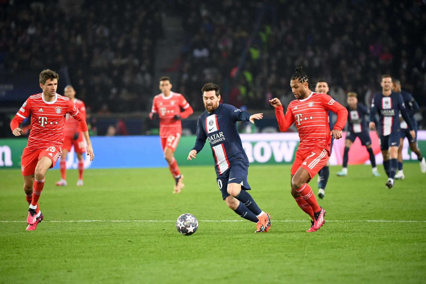 07 Serge GNABRY (bay) - 25 Thomas MULLER (bay) - 30 Lionel Leo MESSI (psg) during the UEFA Champions League, Round of 16 match between PSG and Bayern Munich at Parc des Princes on February 14, 2023 in Paris, France. (Photo by Anthony Bibard/FEP/Icon Sport)