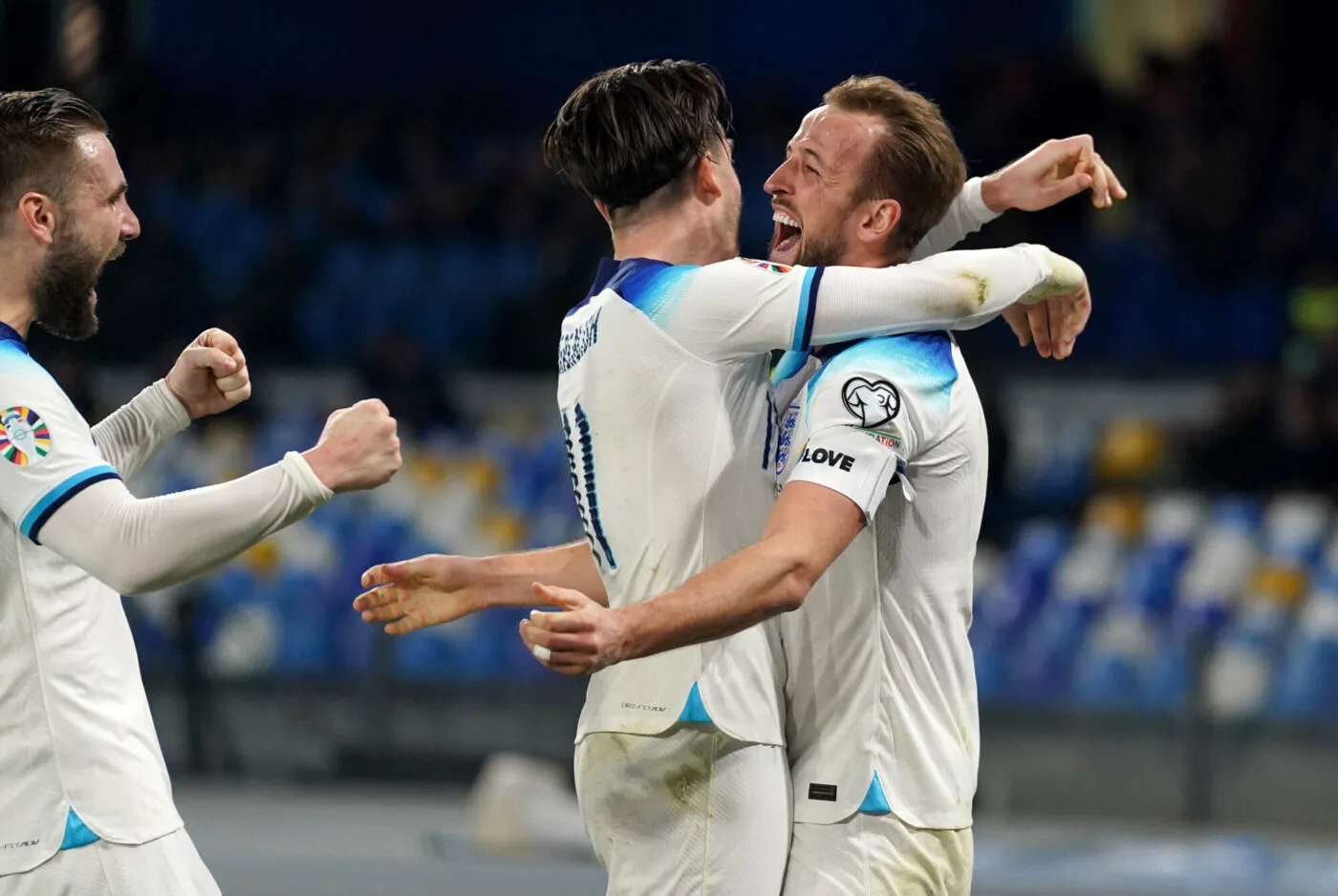 England's Harry Kane (right) celebrates scoring their side's second goal of the game from the penalty spot during the UEFA Euro 2024 qualifying match at the Diego Armando Maradona Stadium in Naples, Italy. Harry Kane has become England's all-time record goalscorer, with a penalty in the European Championship qualifying match against Italy in Naples moving him clear of Wayne Rooney and on to 54. Picture date: Thursday March 23, 2023. - Photo by Icon sport