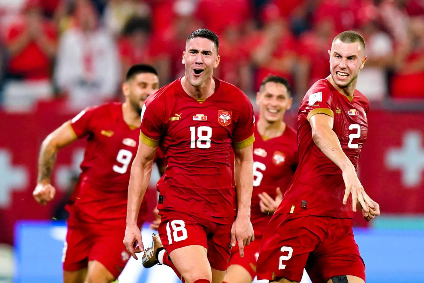 Serbia's Dusan Vlahovic (centre) celebrates scoring their side's second goal of the game during the FIFA World Cup Group G match at Stadium 974 in Doha, Qatar. Picture date: Friday December 2, 2022. - Photo by Icon sport