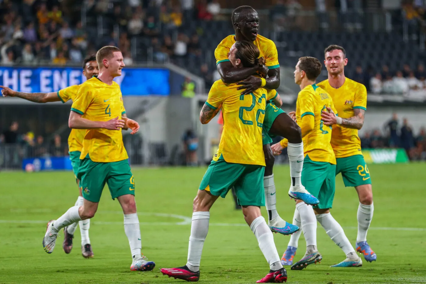 24th March 2023; CommBank Stadium, Sydney, NSW, Australia: International Football Friendly , Australia versus Ecuador; Australia celebrate Jackson Irvine of Australia opening goal in the 12th minute for 1-0 - Photo by Icon sport