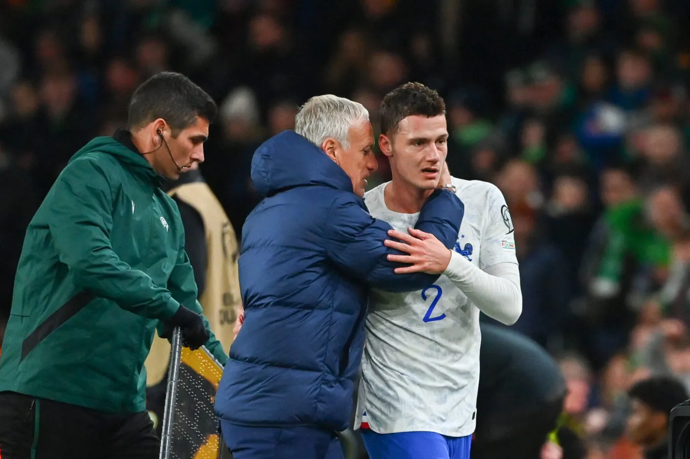 Didier DESCHAMPS head coach of France and Benjamin PAVARD of France during the UEFA Euro 2024 Qualifying, Group B match between Ireland and France  at Aviva Stadium on March 27, 2023 in Dublin, Ireland. (Photo by Anthony Dibon/Icon Sport)