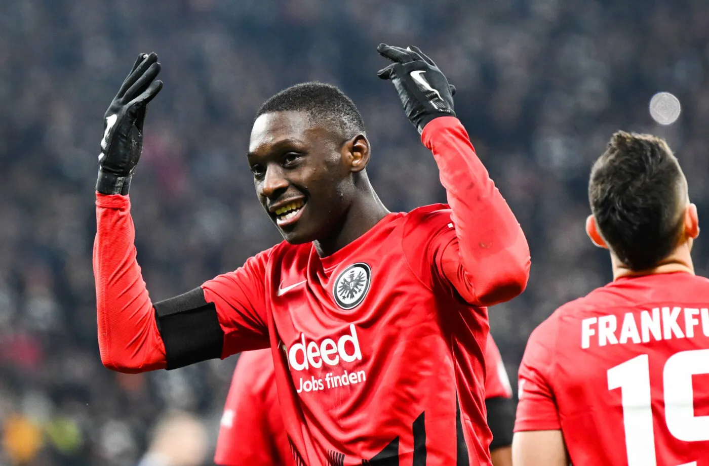 07 February 2023, Hesse, Frankfurt/M.: Soccer, DFB Cup, SG Eintracht Frankfurt - SV Darmstadt 98, Round of 16, Deutsche Bank Park. Frankfurt's Randal Kolo Muani celebrates his goal to make it 1:0. IMPORTANT NOTE: In accordance with the regulations of the DFL Deutsche Fußball Liga and the DFB Deutscher Fußball-Bund, it is prohibited to use or have used photographs taken in the stadium and/or of the match in the form of sequence pictures and/or video-like photo series. Photo: Arne Dedert/dpa - Photo by Icon sport