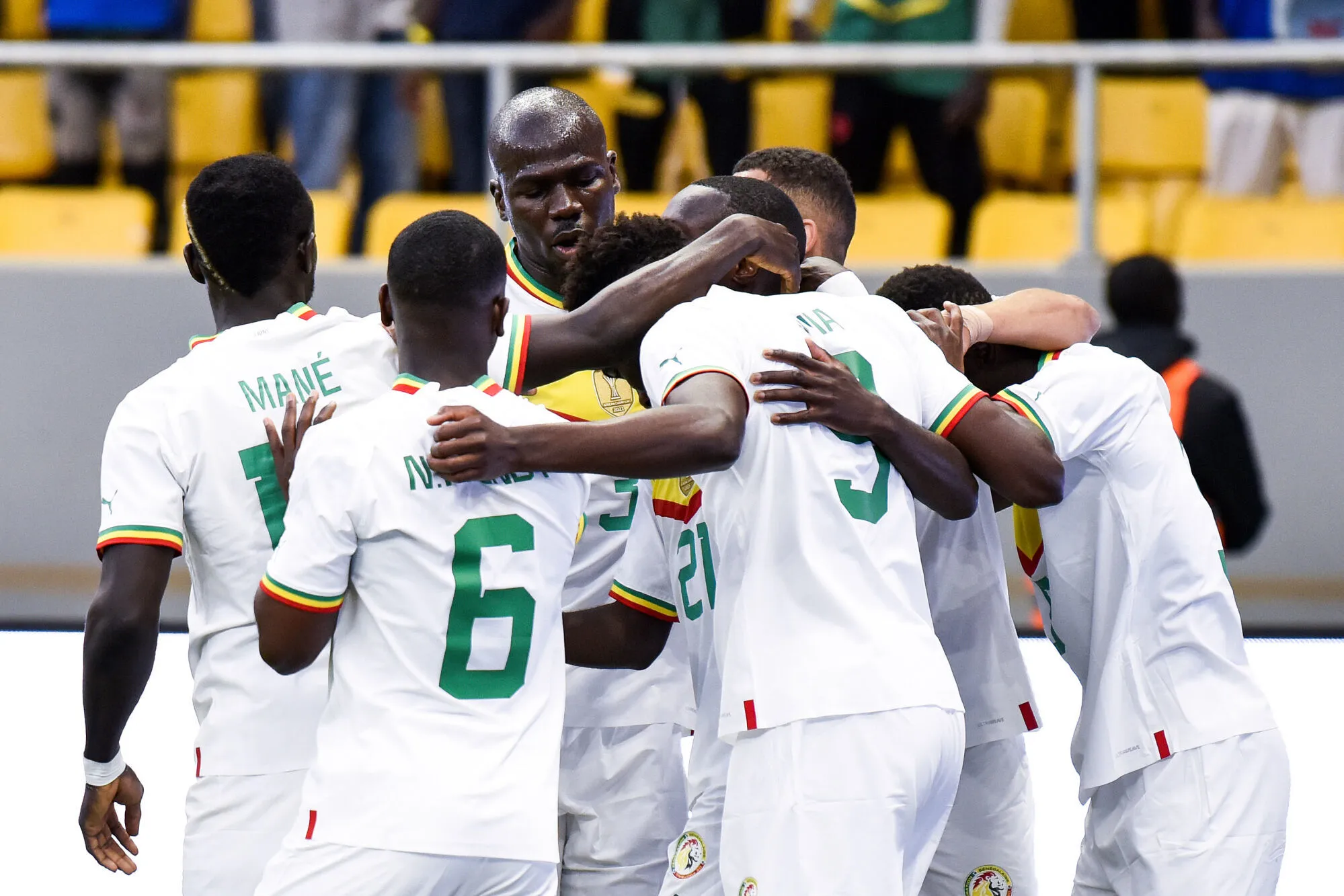 Boulaye Dia of Senegal is congratulated for scoring a goal during the 2023 Africa Cup of Nations Qualifying match between Senegal and Mozambique held at the Me Abdoulaye Wade Stadium in Diamniadio, Senegal on 24 March 2023 ©Sports Inc - Photo by Icon sport