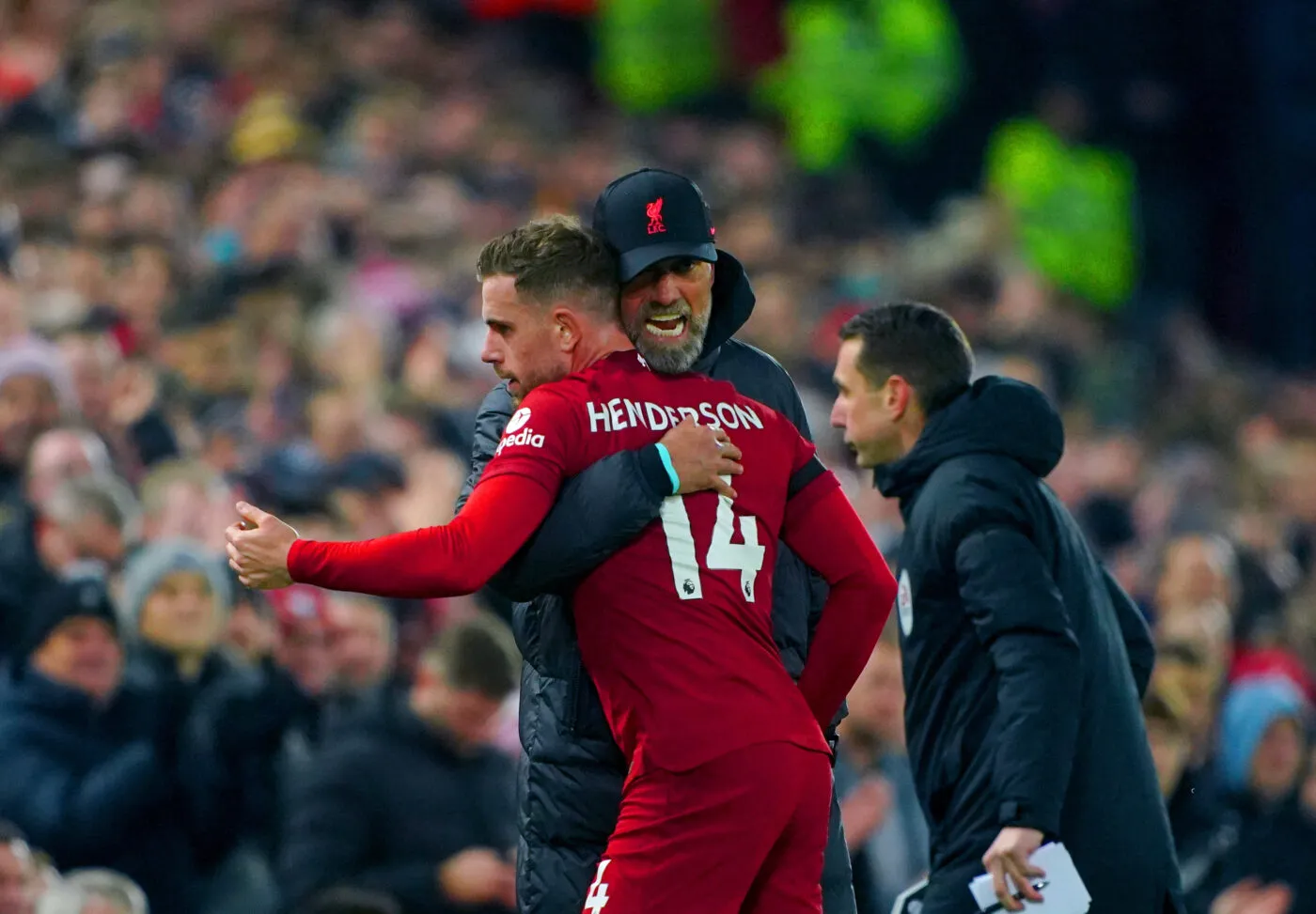 Liverpool's Jordan Henderson hugs manager Jurgen Klopp after being substituted during the Premier League match at Anfield, Liverpool. Picture date: Monday February 13, 2023. - Photo by Icon sport