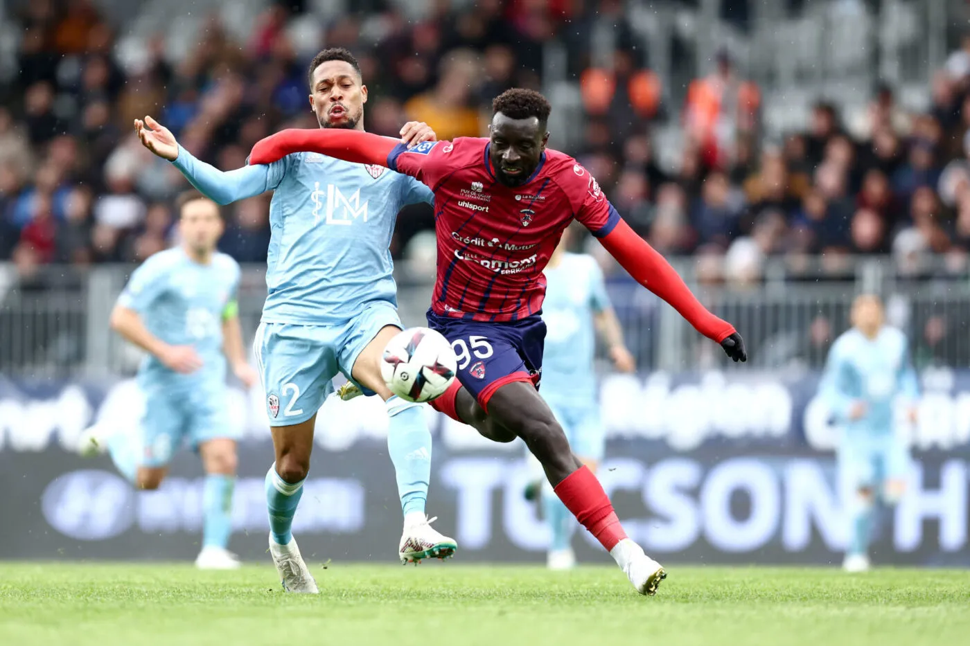 02 Mickael ALPHONSE (aca) - 95 Grejohn KYEI (cf63) during the Ligue 1 Uber Eats match between Clermont and Ajaccio at Stade Gabriel Montpied on April 2, 2023 in Clermont-Ferrand, France. (Photo by Alex Martin/FEP/Icon Sport)