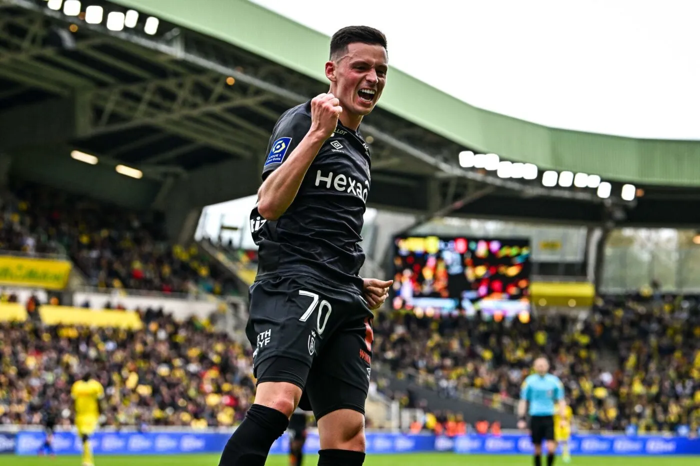 Alexis FLIPS of Reims celebrates his second goal during the French Ligue 1 Uber Eats soccer match between Nantes and Reims at Stade de la Beaujoire on April 2, 2023 in Nantes, France. (Photo by Baptiste Fernandez/Icon Sport)