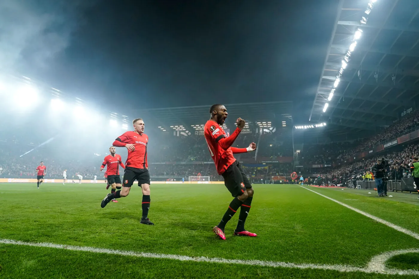 Karl TOKO EKAMBI of Stade Rennais celebrate his goal with Adrien TRUFFERT of Stade Rennais during the Europa League match between Stade Rennais and Shakhtar Donetsk at Roazhon Park on February 23, 2023 in Rennes, France. (Photo by Hugo Pfeiffer/Icon Sport)