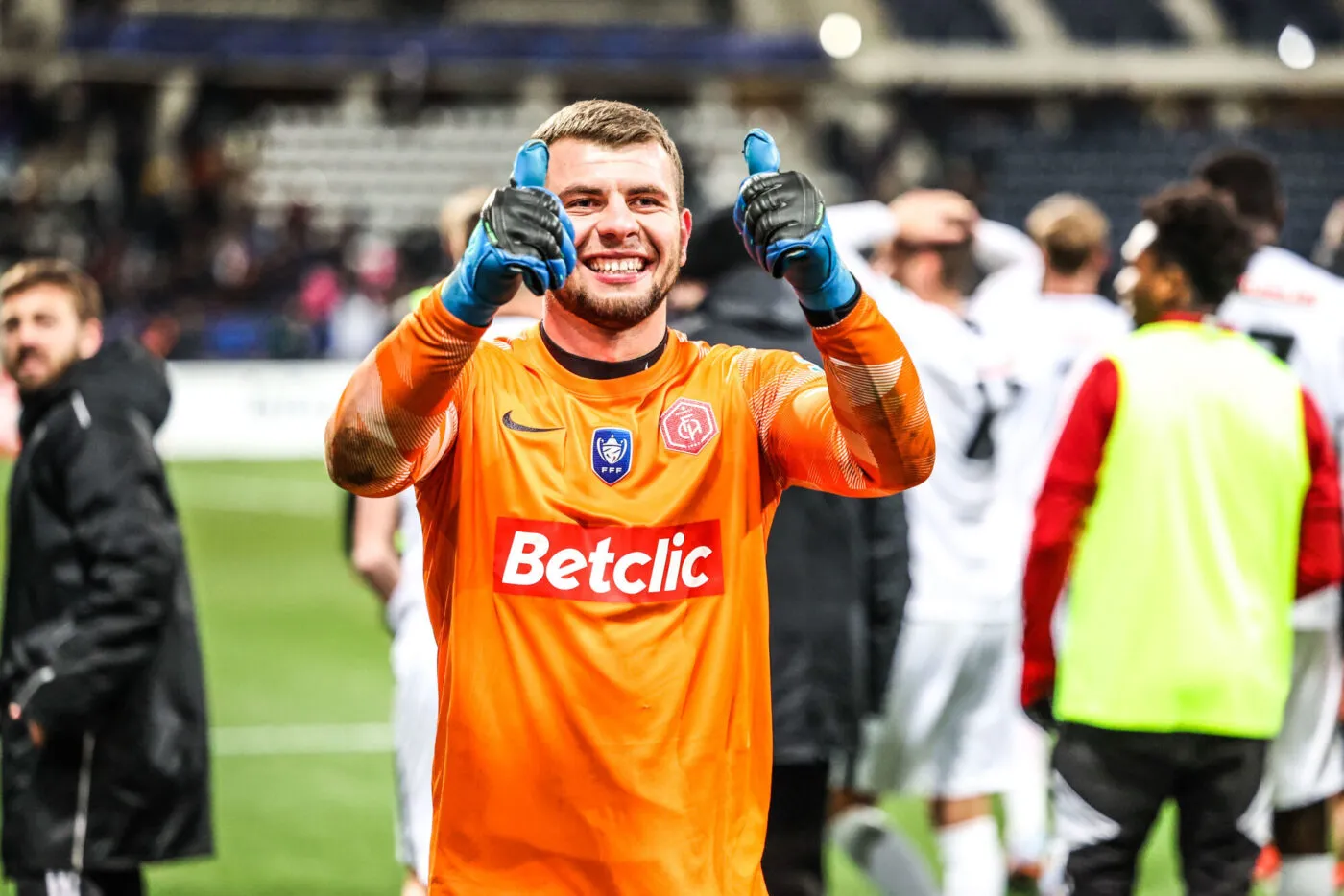 Thomas CALLENS of Annecy celebrate the victory after the Round of 8 French Cup match between Paris FC and Annecy at Stade Charlety on February 8, 2023 in Paris, France. (Photo by Johnny Fidelin/Icon Sport)