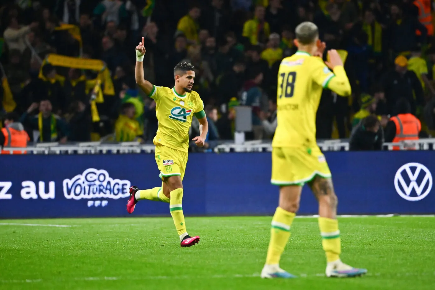 Ludovic BLAS of FC Nantes celebrates his goal during the French Cup, semi final match between Nantes and Lyon at Stade de la Beaujoire on April 5, 2023 in Nantes, France. (Photo by Anthony Dibon/Icon Sport)