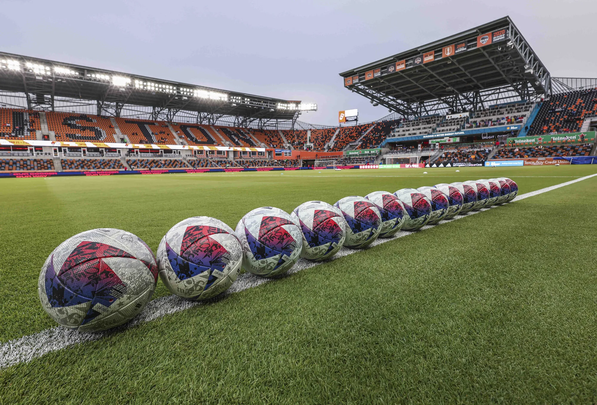 Mar 18, 2023; Houston, Texas, USA; General view of balls on the field at Shell Energy Stadium before the match between the Houston Dynamo FC and the Austin FC. Mandatory Credit: Troy Taormina-USA TODAY Sports/Sipa USA - Photo by Icon sport