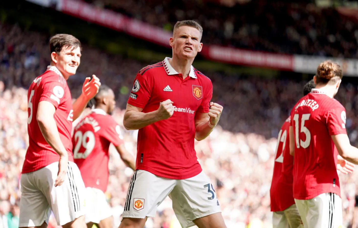 Manchester United's Scott McTominay celebrates scoring the opening goal during the Premier League match at Old Trafford, Manchester. Picture date: Saturday April 8, 2023. - Photo by Icon sport