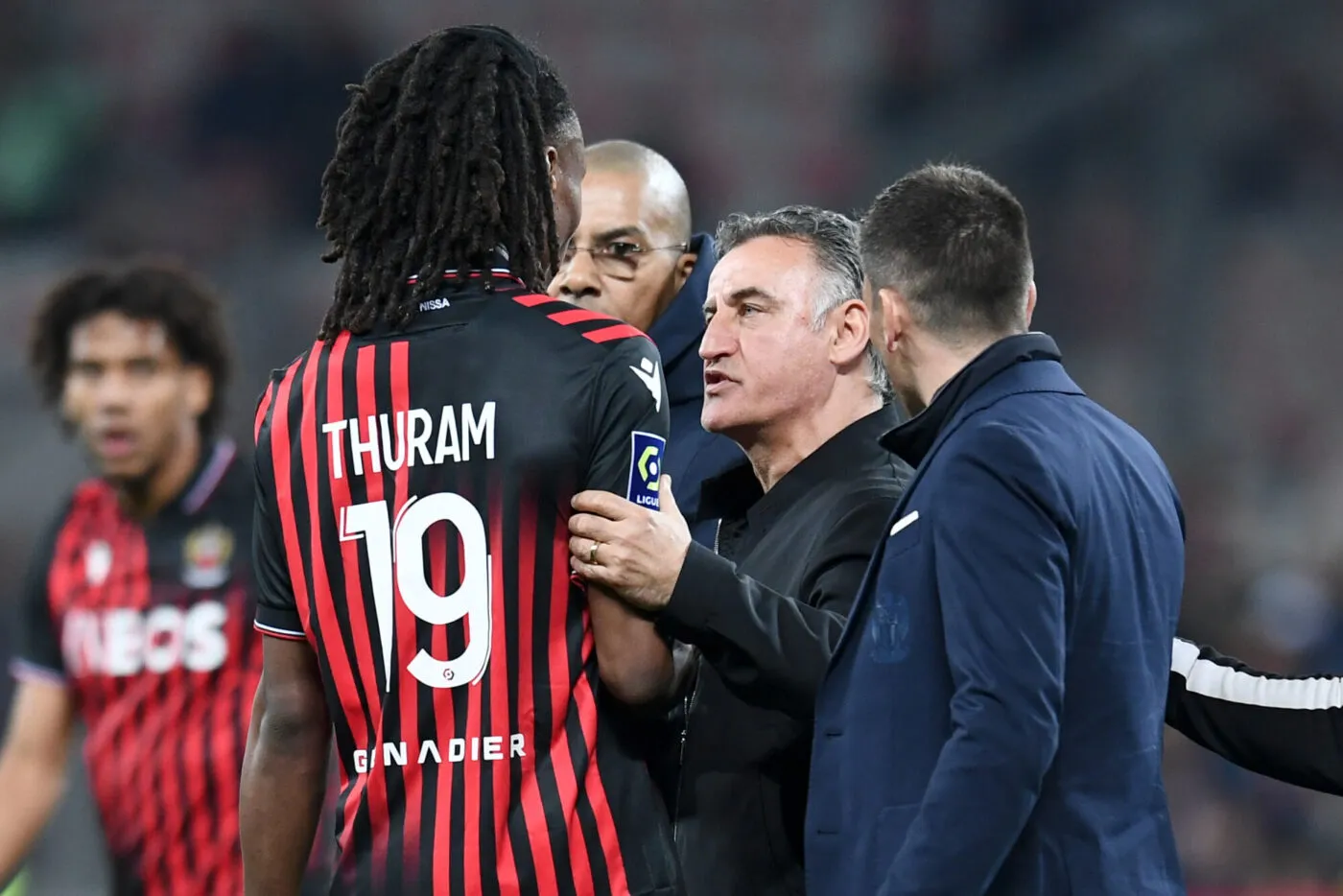 19 Khephren THURAM (ogcn) - Christophe GALTIER (Entraineur PSG) during the Ligue 1 Uber Eats match between Nice and PSG at Allianz Riviera on April 8, 2023 in Nice, France. (Photo by Philippe Lecoeur/FEP/Icon Sport)
