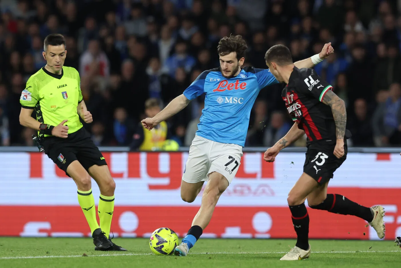 Foto Alessandro Garofalo/LaPresse 02 aprile 2023 Napoli, Italia sport calcio Napoli vs Milan - Campionato di calcio Serie A TIM 2022/2023 - stadio Diego Armando Maradona Nella foto: Khvicha Kvaratskhelia (SSC Napoli); April 02 , 2023 Naples, Italy sport soccer Napoli vs Milan - Italian Football Championship League A TIM 2022/2023 - Diego Armando Maradona stadium. In the pic: Khvicha Kvaratskhelia (SSC Napoli); - Photo by Icon sport
