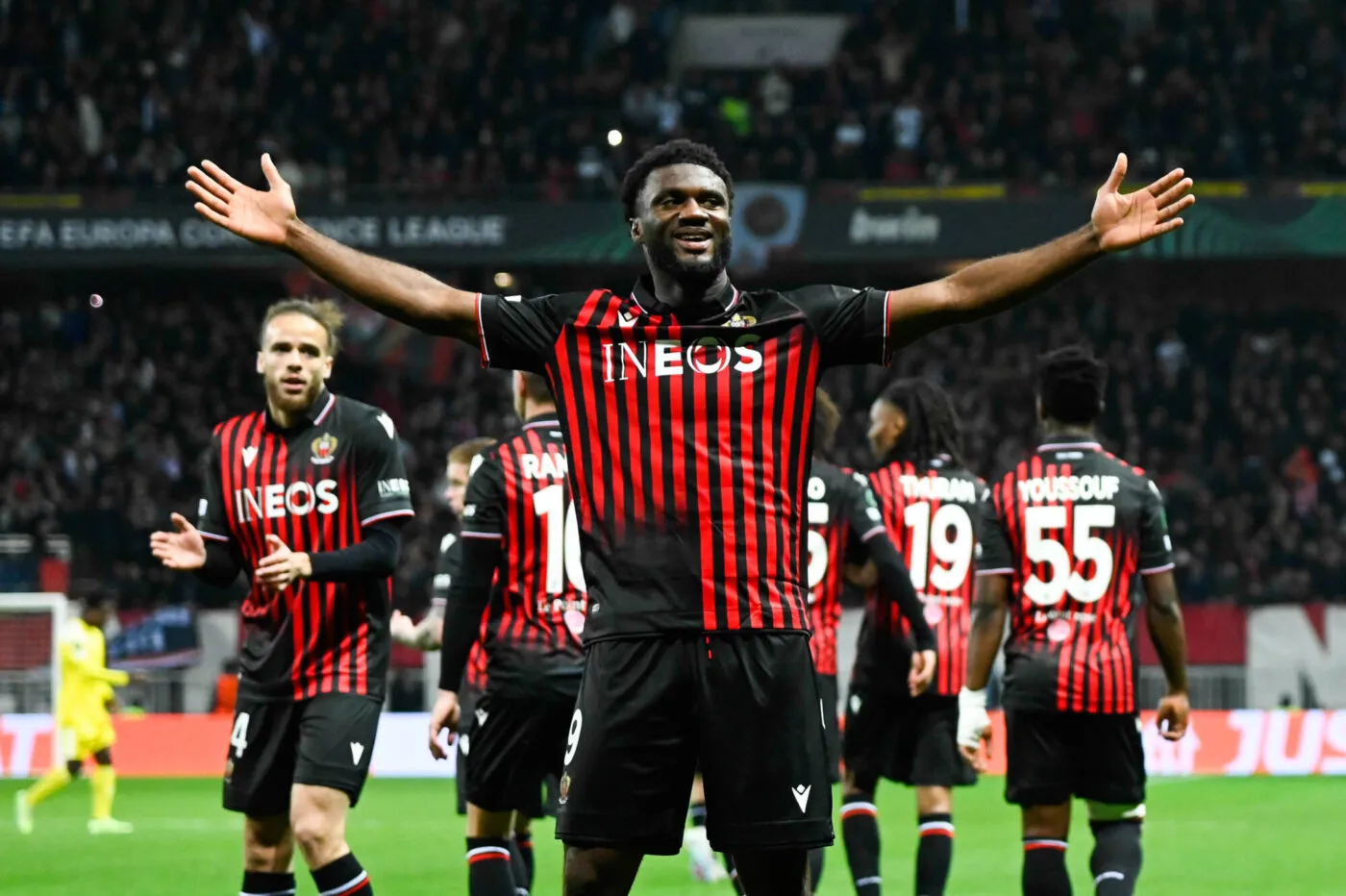 Terem MOFFI of Nice celebrates his goal with teammates during the UEFA Europa Conference League match between Nice and Tiraspol at Allianz Riviera on March 16, 2023 in Nice, France. (Photo by Pascal Della Zuana/Icon Sport)