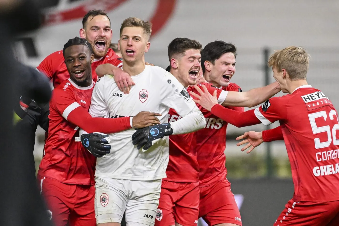 Antwerp's goalkeeper Jean Butez celebrates after winning a soccer game between Royal Antwerp FC and Royale Union Saint-Gilloise, Thursday 02 March 2023 in Antwerp, the return leg of the semi-finals of the Croky Cup Belgian cup competition. Union won 1-0 the first leg. BELGA PHOTO LAURIE DIEFFEMBACQ - Photo by Icon sport