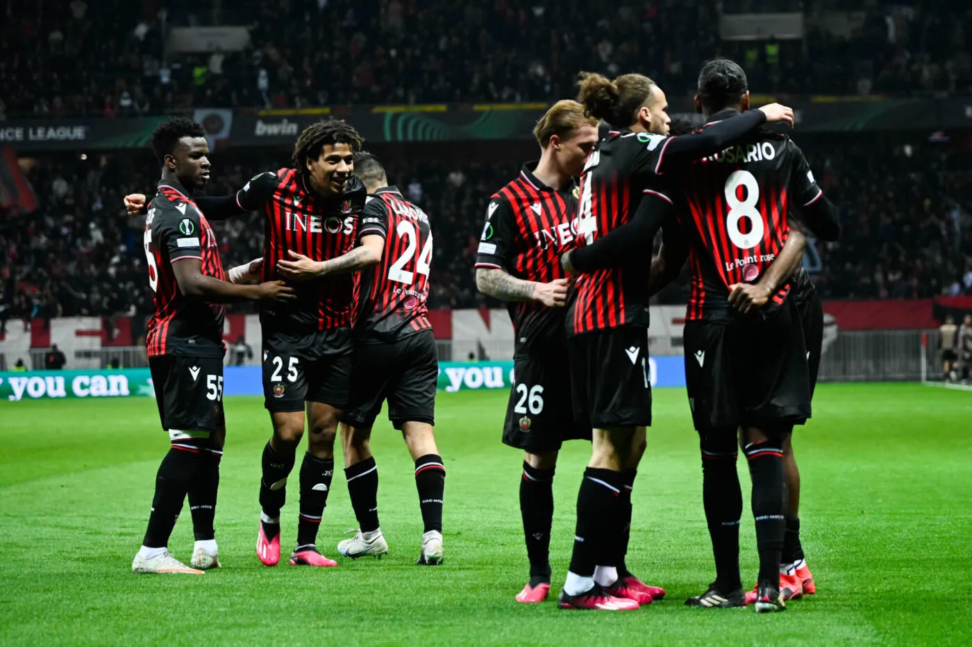 Terem MOFFI of Nice celebrates his goal with teammates during the UEFA Europa Conference League match between Nice and Tiraspol at Allianz Riviera on March 16, 2023 in Nice, France. (Photo by Pascal Della Zuana/Icon Sport)