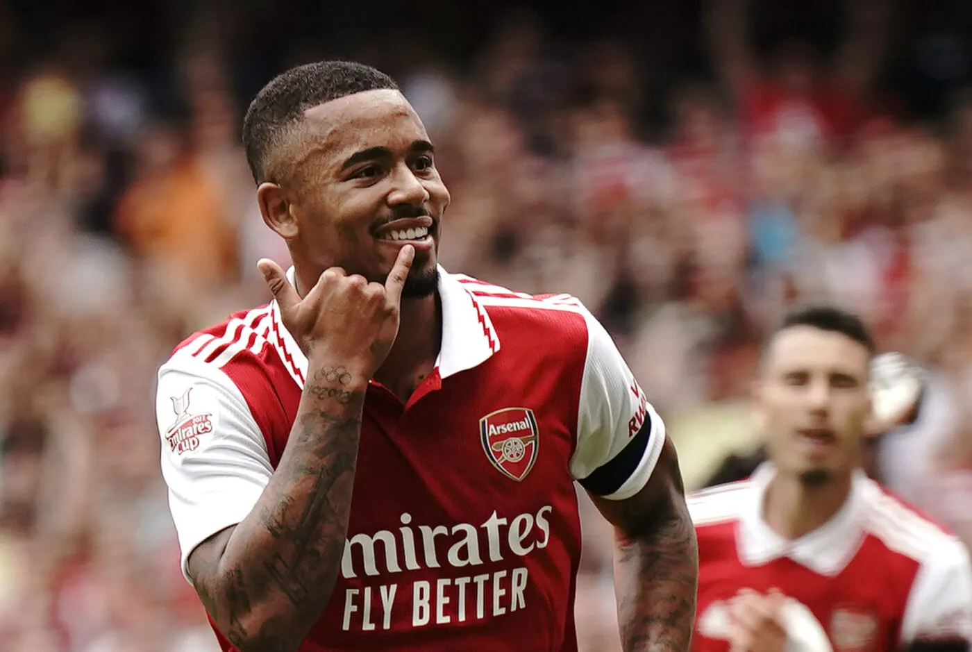 Arsenal's Gabriel Jesus celebrates scoring their side's second goal of the game during the Emirates Cup final at the Emirates Stadium, London. Picture date: Saturday July 30, 2022. - Photo by Icon sport
