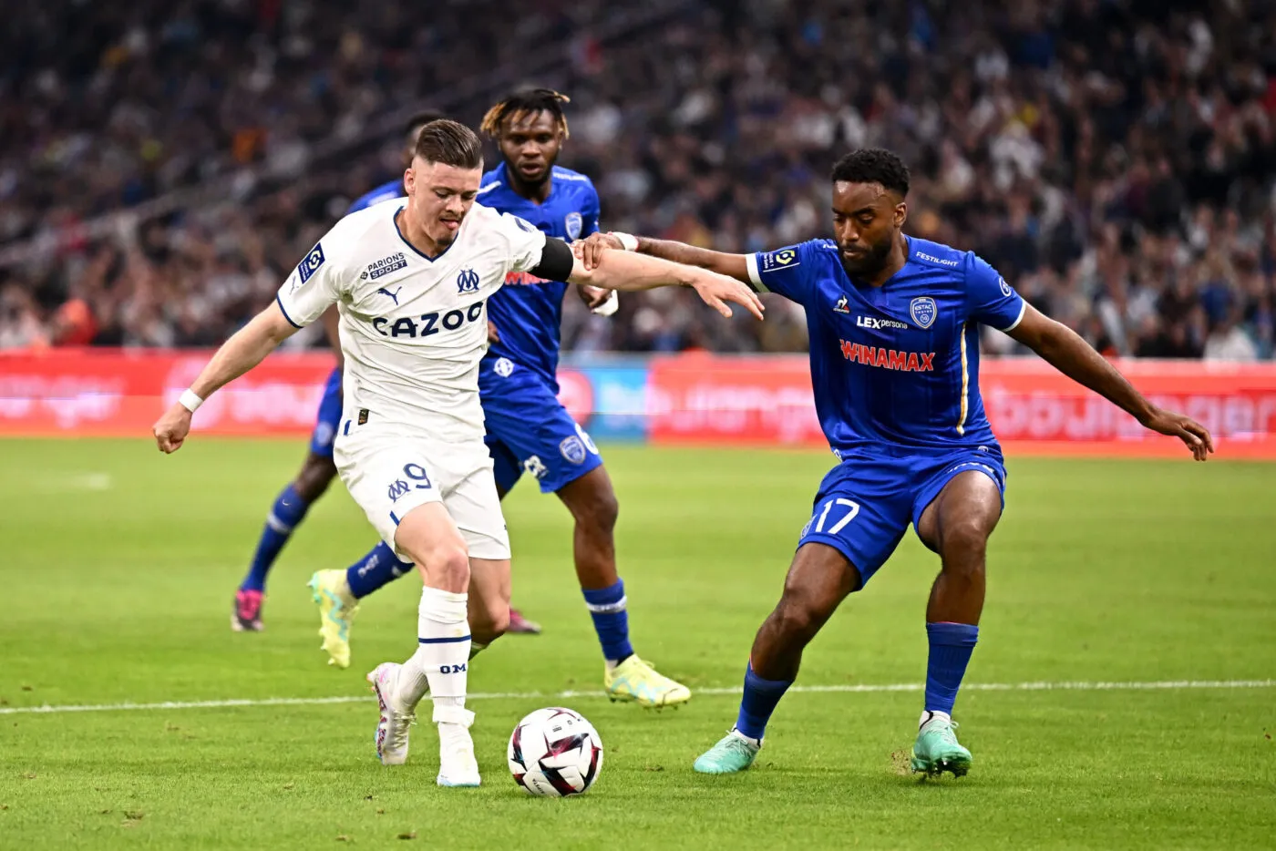 17 Yoann SALMIER (estac) - 09 Vitor Manuel CARVALHO DE OLIVEIRA VITINHA (om) during the Ligue 1 Uber Eats match between Marseille and Troyes at Orange Velodrome on April 16, 2023 in Marseille, France. (Photo by Anthony Bibard/FEP/Icon Sport)