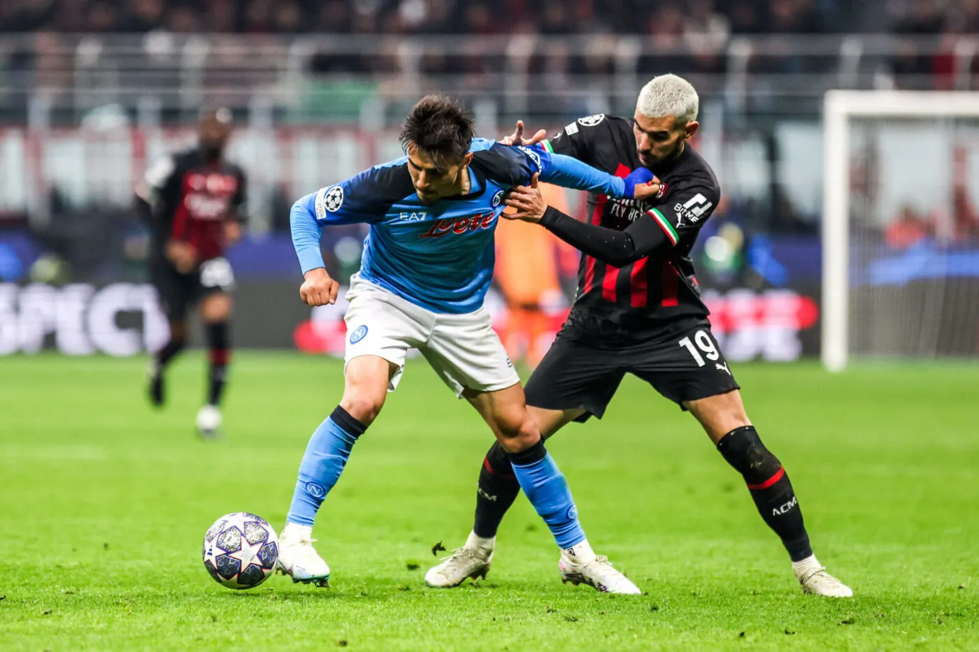 Elif ELMAS of Napoli and Theo HERNANDEZ of Milan during the UEFA Champions League Quarter Final, first leg match between AC Milan and Napoli at Giuseppe Meazza Stadium on April 12, 2023 in Milan, Italy. (Photo by Johnny Fidelin/Icon Sport)