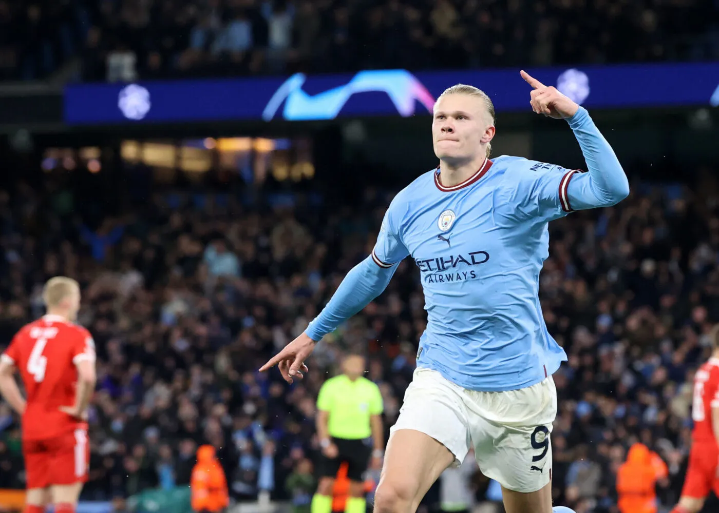 11th April 2023; Etihad Stadium, Manchester, England; Champions League Football, Quarter Final, First Leg, Manchester City versus Bayern Munich; Erling Haaland of Manchester City celebrates after scoring his side's third goal after 76 minutes - Photo by Icon sport