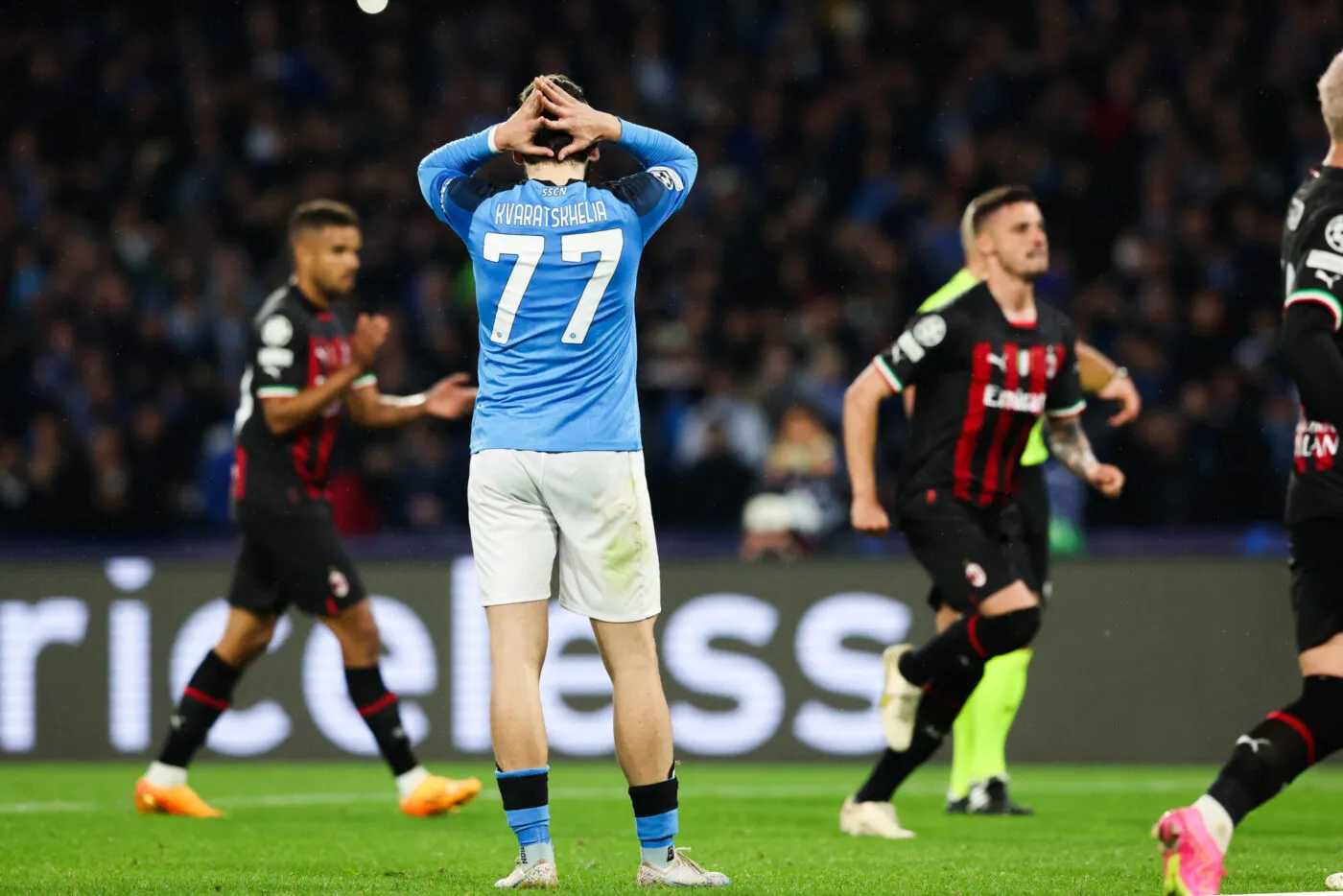 Foto Alessandro Garofalo/LaPresse 18 Aprile 2023 - Napoli , Italia - sport, calcio - Napoli vs Milan - Champions League 2022/2023 - Quarti di finale -Stadio Diego Armando Maradona Nella foto:Khvicha Kvaratskhelia (SSC Napoli); April 12 , 2023 Napoli , Italy - sport, calcio - Napoli vs Milan - Champions League 2022/2023 - Quarter finals- Diego Armando Maradona Stadium . In the pic : Khvicha Kvaratskhelia (SSC Napoli); - Photo by Icon sport