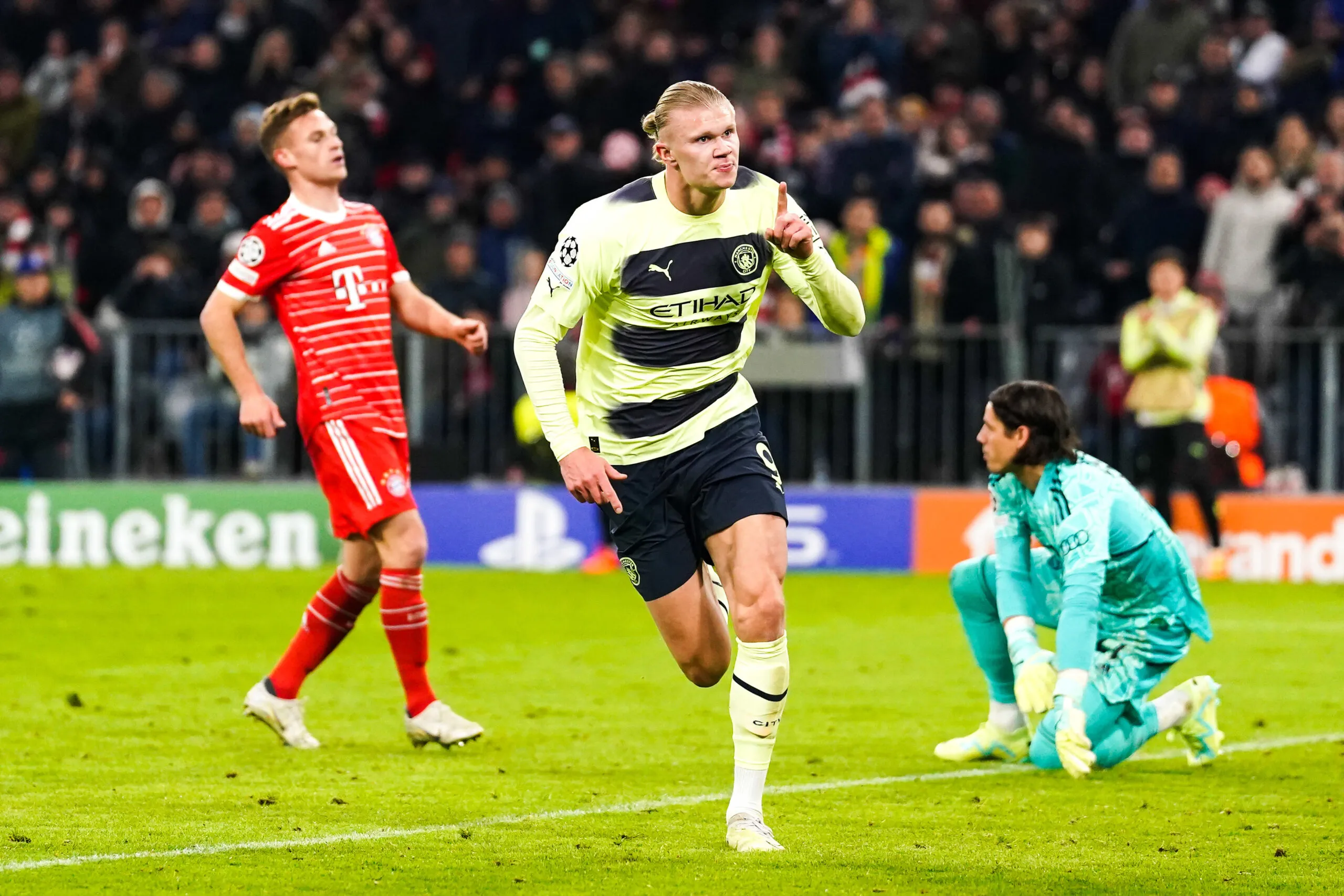 Manchester City's Erling Haaland celebrates scoring their side's first goal of the game during the UEFA Champions League quarter-final second leg match at Allianz Arena, Munich. Picture date: Wednesday April 19, 2023. - Photo by Icon sport