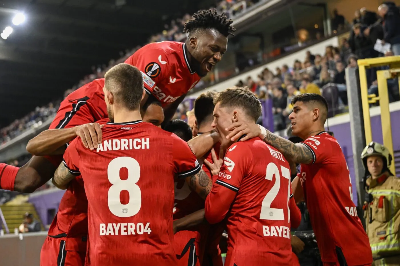Leverkusen's Moussa Diaby celebrates with his teammates after scoring during a soccer match between Belgian Royale Union Saint-Gilloise and German Bayer 04 Leverkusen, Thursday 20 April 2023 in Anderlecht, Brussels, the return leg of the quarterfinals of the UEFA Europa League competition. The first leg ended in a 1-1 draw. BELGA PHOTO LAURIE DIEFFEMBACQ - Photo by Icon sport