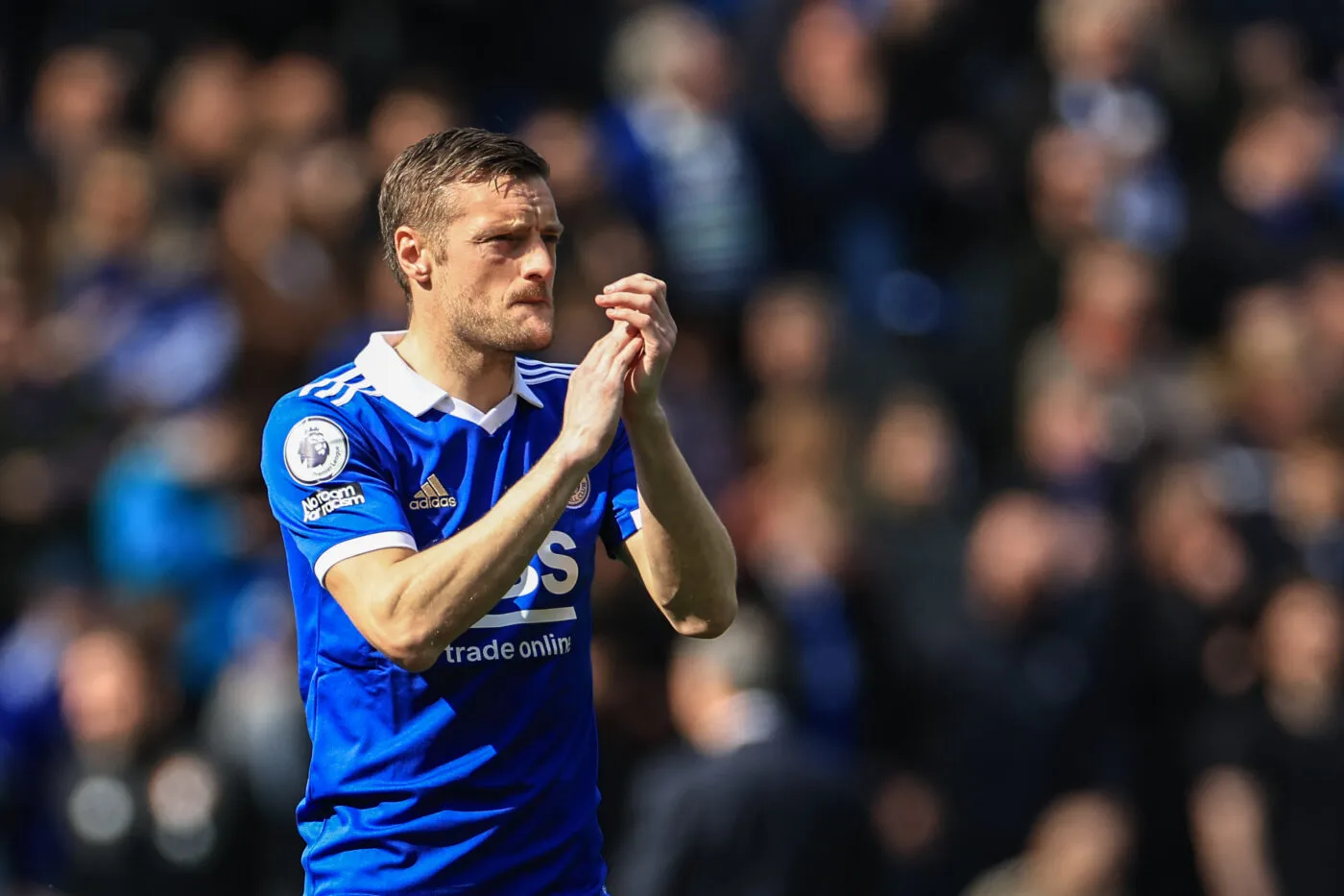 Jamie Vardy #9 of Leicester City applauds the home fans during the Premier League match Leicester City vs Bournemouth at King Power Stadium, Leicester, United Kingdom, 8th April 2023 (Photo by Mark Cosgrove/News Images) in Leicester, United Kingdom on 4/8/2023. (Photo by Mark Cosgrove/News Images/Sipa USA) - Photo by Icon sport