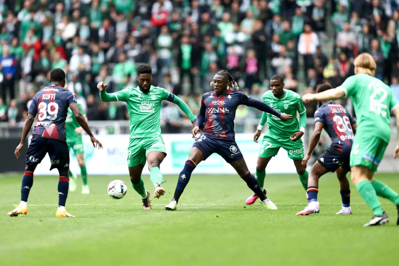 17 Jean-Philippe KRASSO (asse) - 06 Kevin NDORAM N DORAM (fcm) during the Ligue 1 Uber Eats match between Saint-Etienne and Metz on April 22, 2023 in Saint-Etienne, France. (Photo by Alex Martin/FEP/Icon Sport)