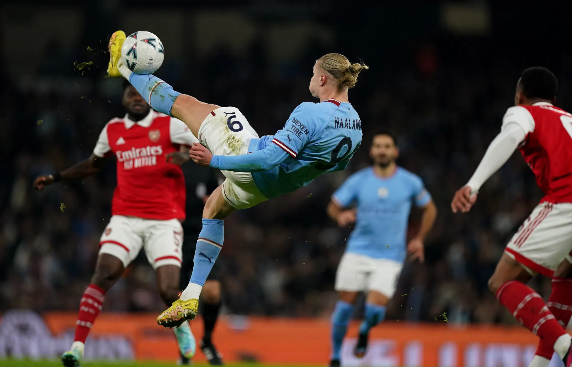 Manchester City's Erling Haaland attempts an overhead kick during the Emirates FA Cup fourth round match at Etihad Stadium, Manchester. Picture date: Friday January 27, 2023. - Photo by Icon sport