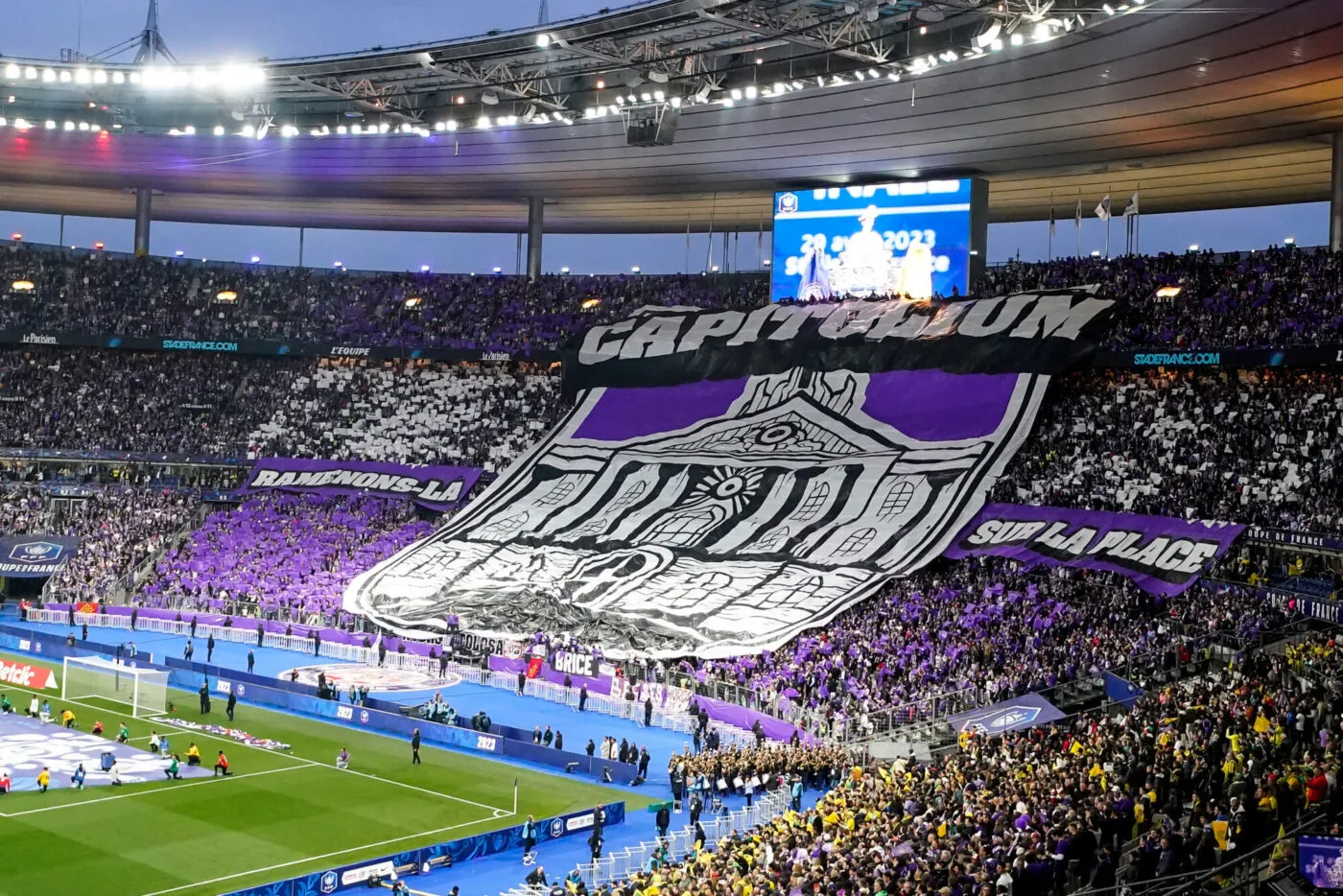 Tifo of Toulouse during the Final French Cup 2023 match between Nantes and Toulouse at Stade de France on April 29, 2023 in Paris, France. (Photo by Hugo Pfeiffer/Icon Sport)