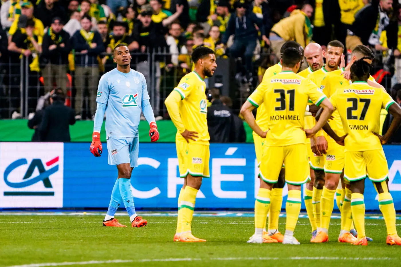 Alban LAFONT of Nantes and TEAM of Nantes during the French Cup Final 2023 match between Nantes and Toulouse at Stade de France on April 29, 2023 in Paris, France. (Photo by Sandra Ruhaut/Icon Sport)