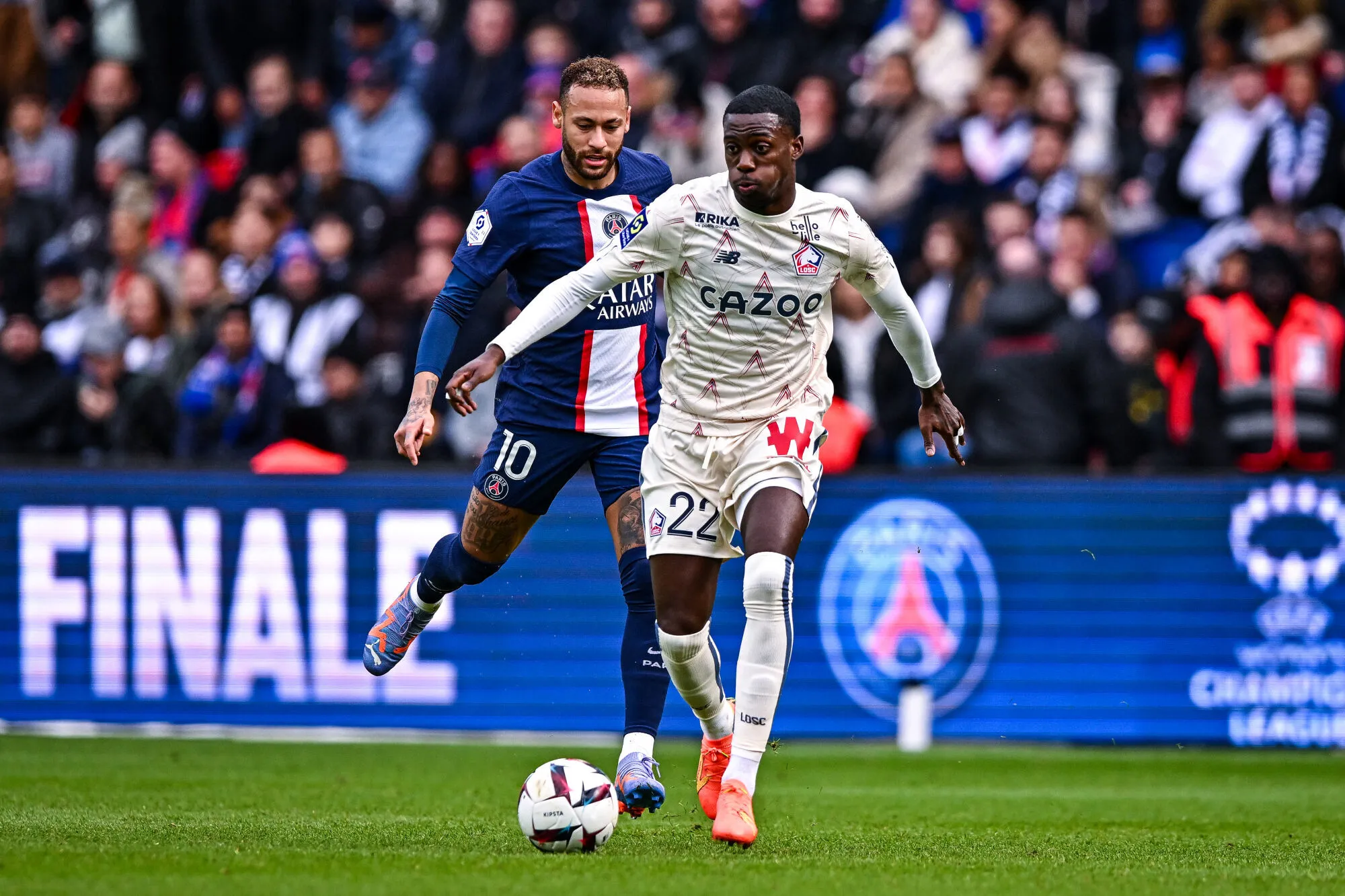 Neymar JR of Paris Saint Germain (PSG) and Timothy WEAH of Lille during the French Ligue 1 Uber Eats soccer match between Paris Saint-Germain and Lille OSC at Parc des Princes on February 19, 2023 in Paris, France. (Photo by Baptiste Fernandez/Icon Sport)