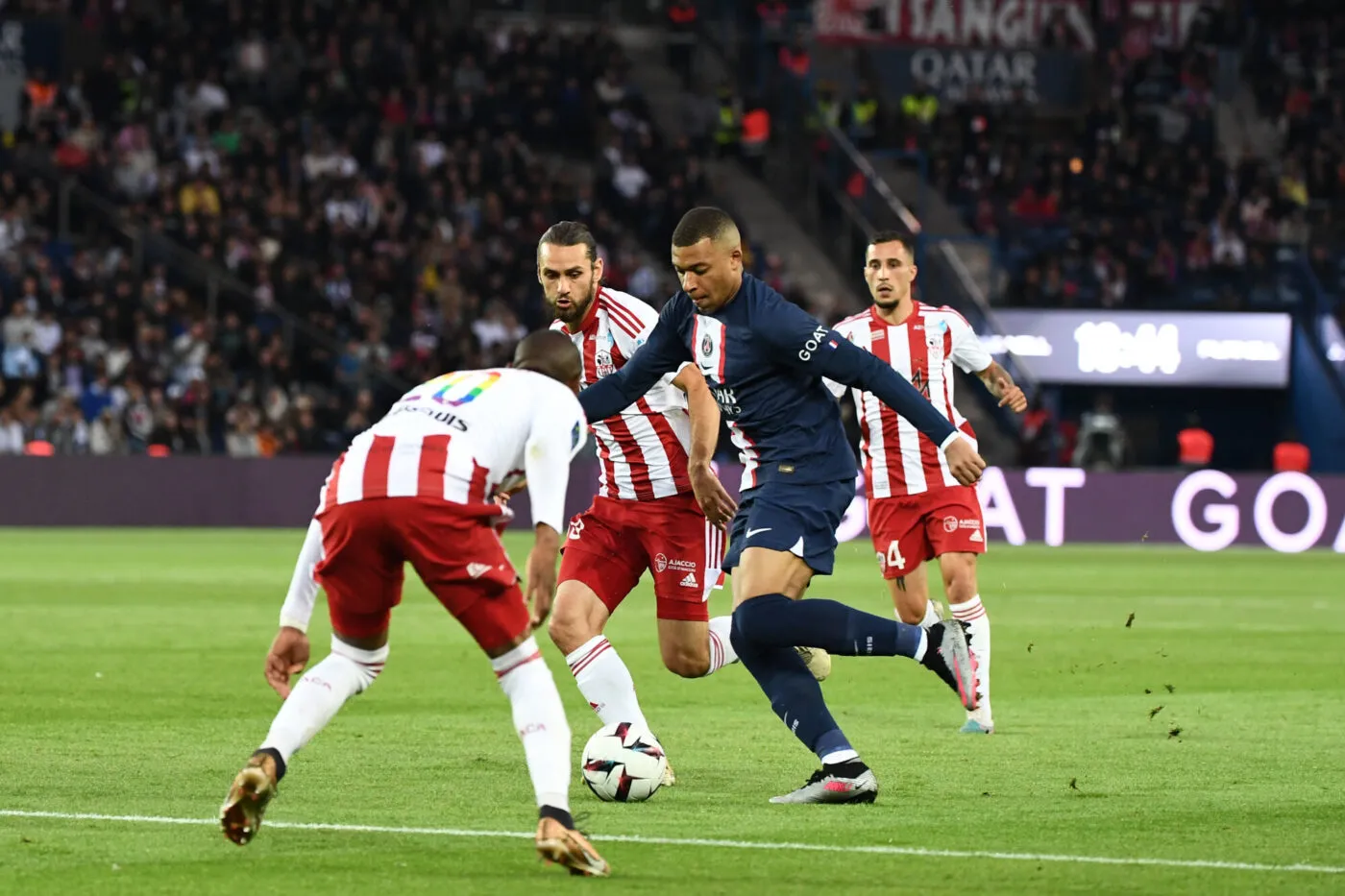 08 Vincent MARCHETTI (aca) - 07 Kylian MBAPPE (psg) during the Ligue 1 Uber Eats match between PSG and Ajaccio at Parc des Princes on May 13, 2023 in Paris, France. (Photo by Christophe Saidi/FEP/Icon Sport)