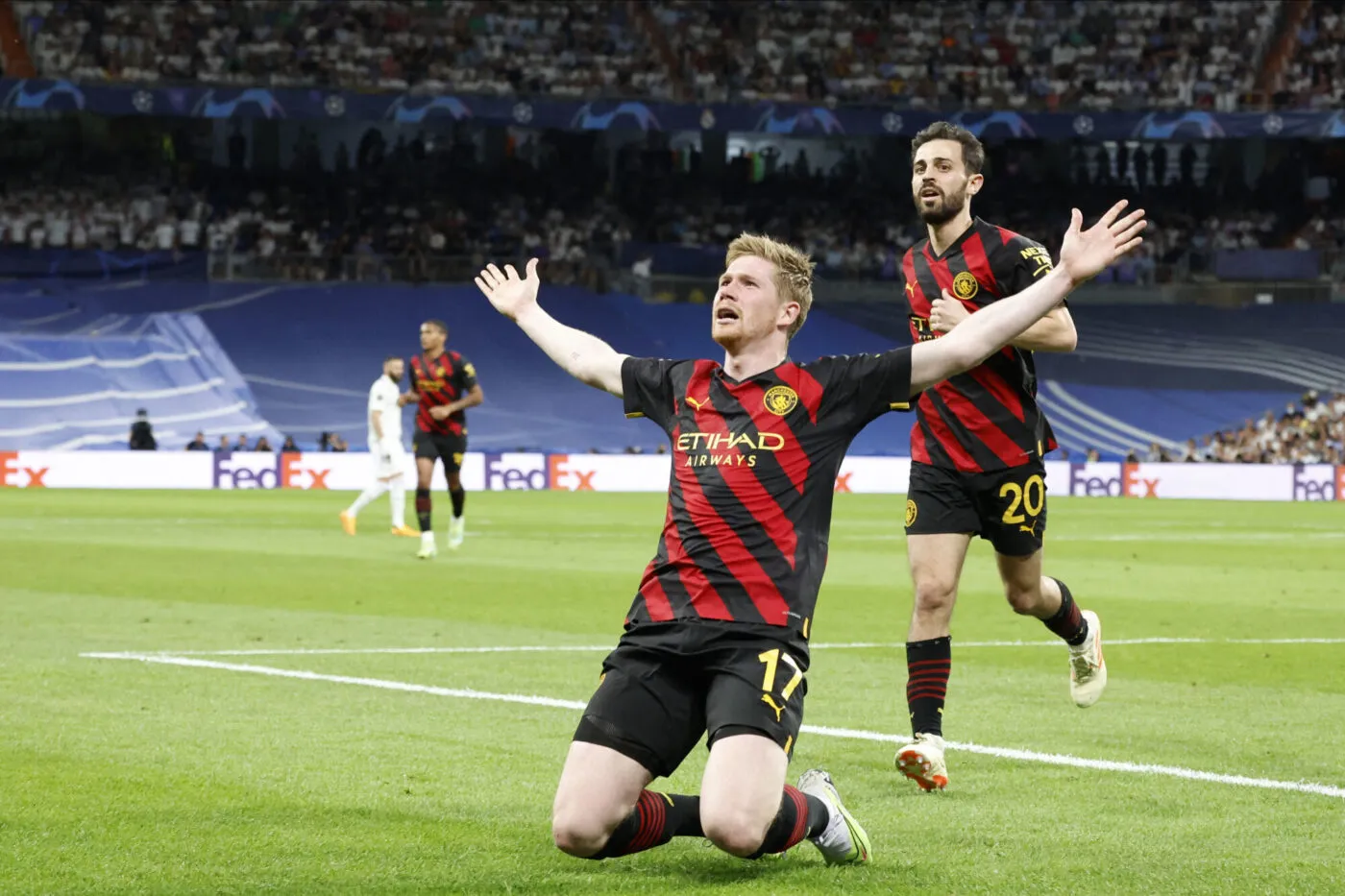 Kevin De Bruyne of Manchester City F.C. goal during Real Madrid vs Manchester City F.C. Champions League match on May 09, 2023 at Santiago Bernabeu Stadium in Madrid, Spain. Photo by Cebolla/Senis/ALFAQUI/ABACAPRESS.COM - Photo by Icon sport