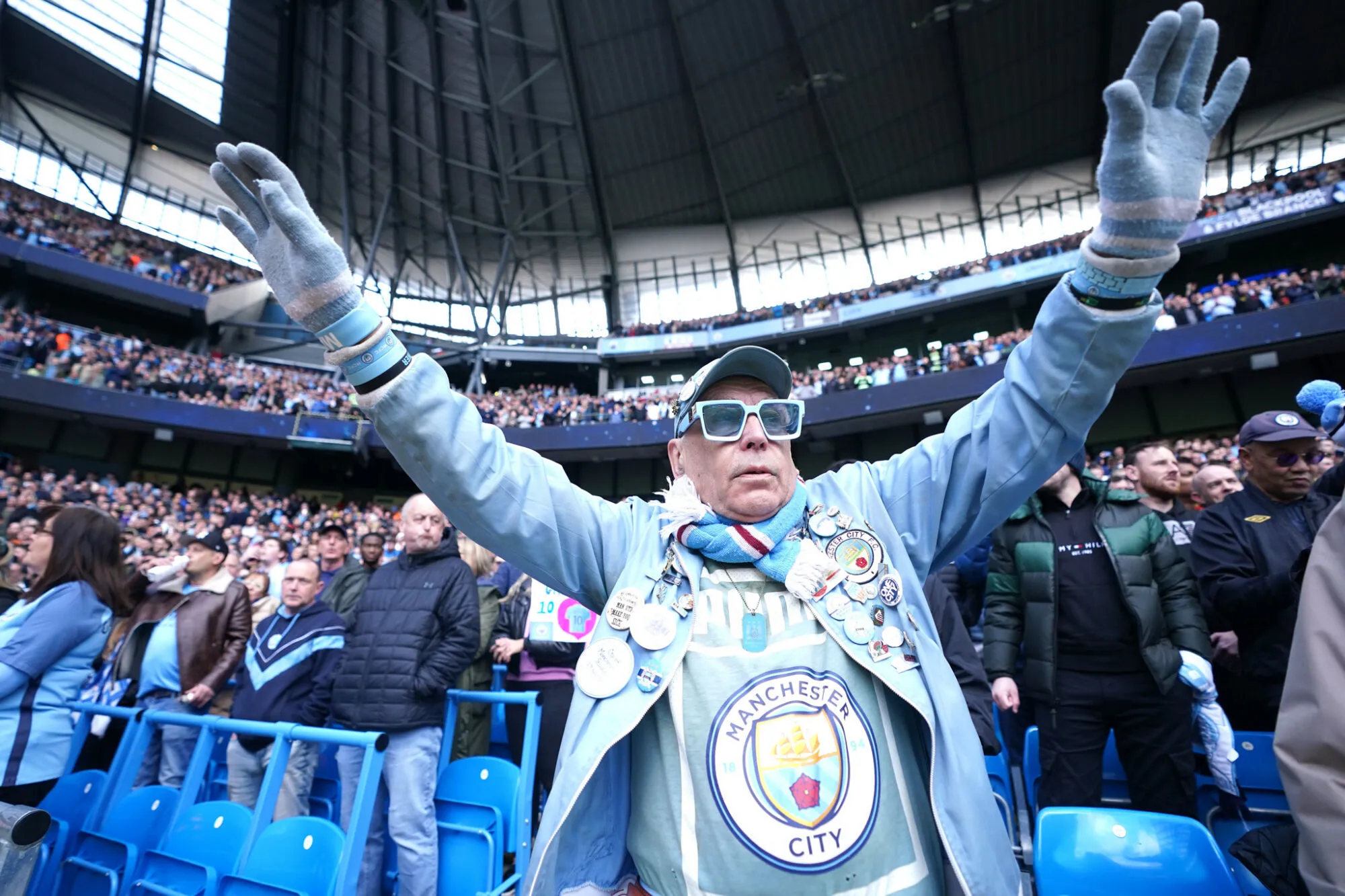 A Manchester City fan before the Premier League match at the Etihad Stadium, Manchester. Picture date: Saturday April 15, 2023. - Photo by Icon sport
