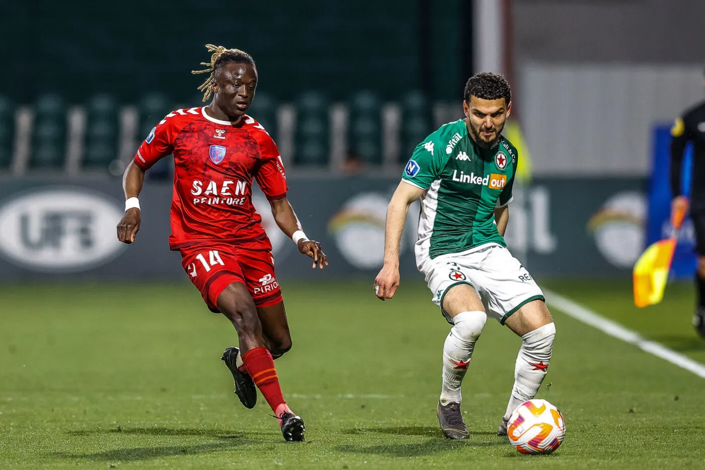 Gaoussou TRAORE of US Concarneau and Ryad HACHEM of Red Star during the National 1 match between Red Star FC and US Concarneau on April 7, 2023 at Bauer stadium in Saint Ouen l'Aumone, France.