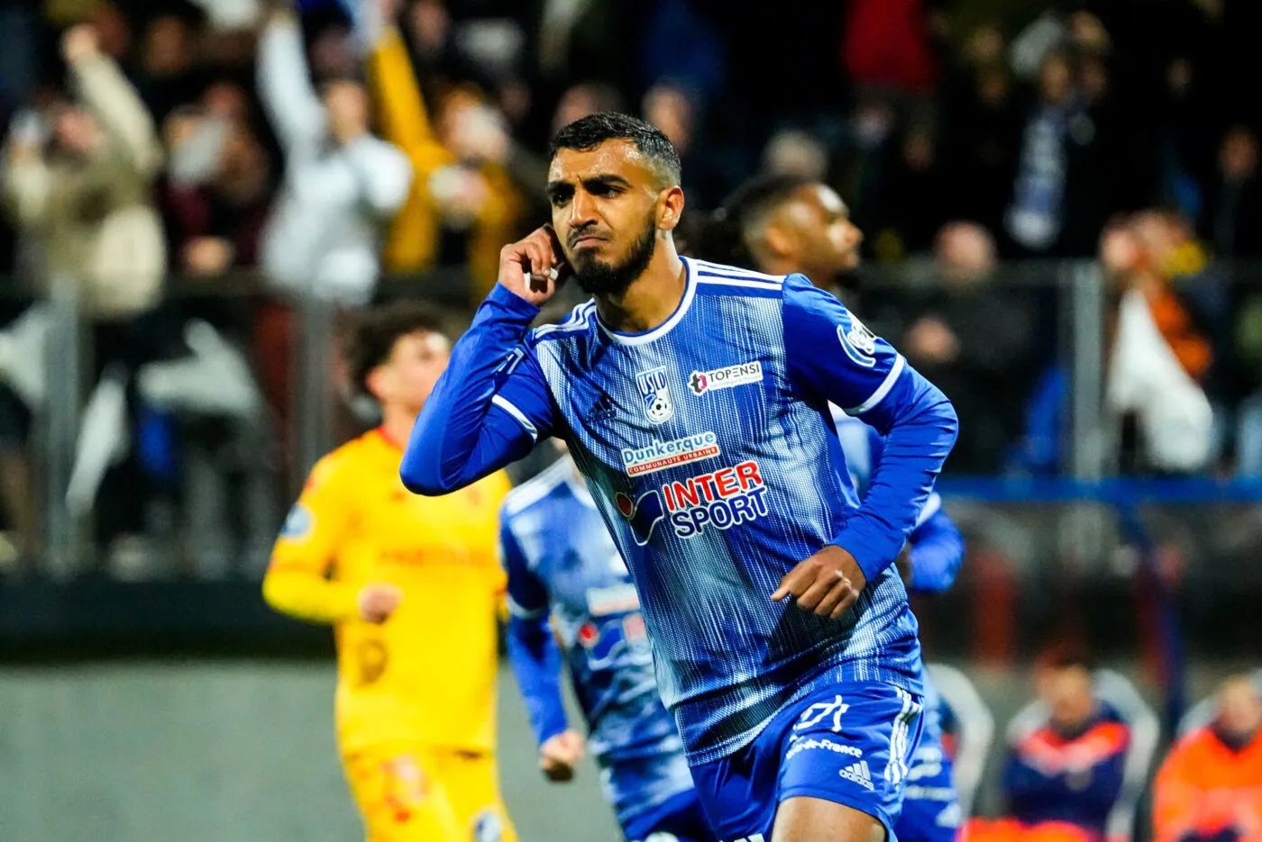 Rayan GHRIEB of Dunkerque celebrate his goal during the National 1 match between USL Dunkerque and US Orleans  at Stade Marcel Tribut on May 19, 2023 in Dunkerque, France. (Photo by Hugo Pfeiffer/Icon Sport)