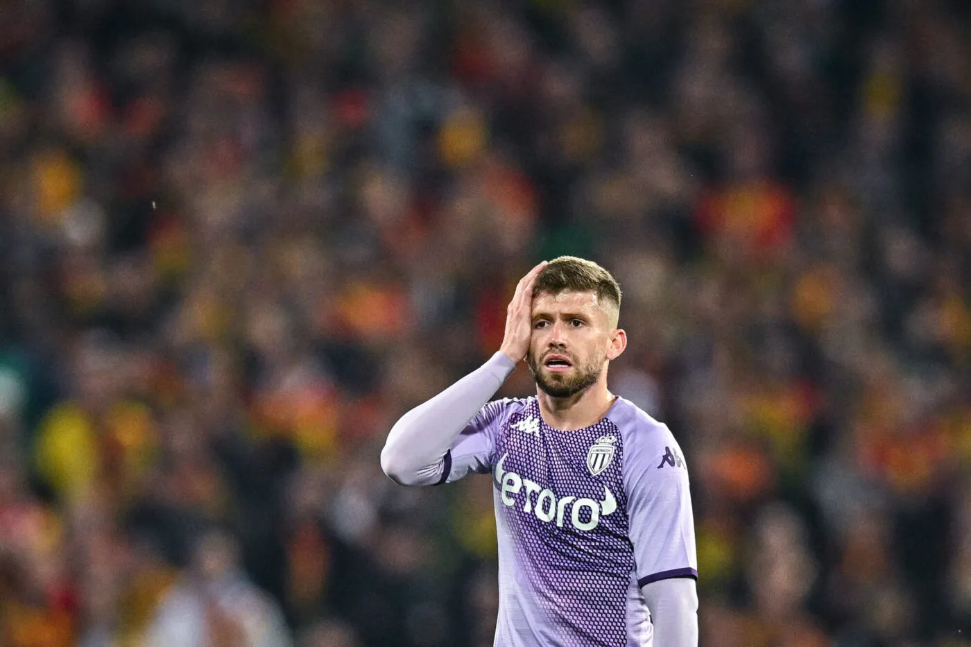 Caio HENRIQUE of Monaco looks dejected during the French Ligue 1 Uber Eats soccer match between Lens and Monaco on April 22, 2023 in Lens, France. (Photo by Baptiste Fernandez/Icon Sport)