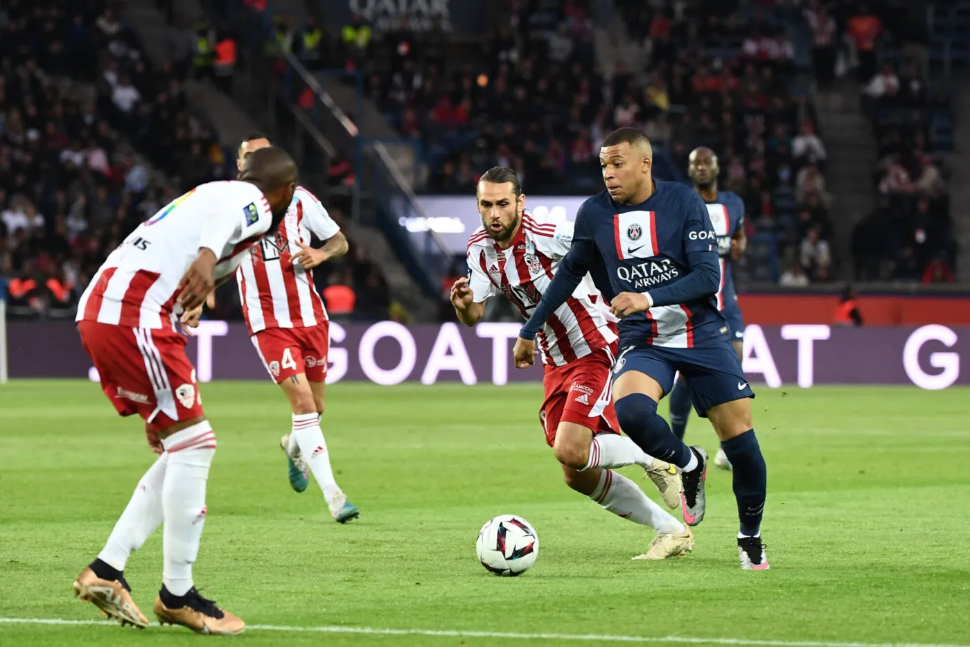 08 Vincent MARCHETTI (aca) - 07 Kylian MBAPPE (psg) during the Ligue 1 Uber Eats match between PSG and Ajaccio at Parc des Princes on May 13, 2023 in Paris, France. (Photo by Christophe Saidi/FEP/Icon Sport)