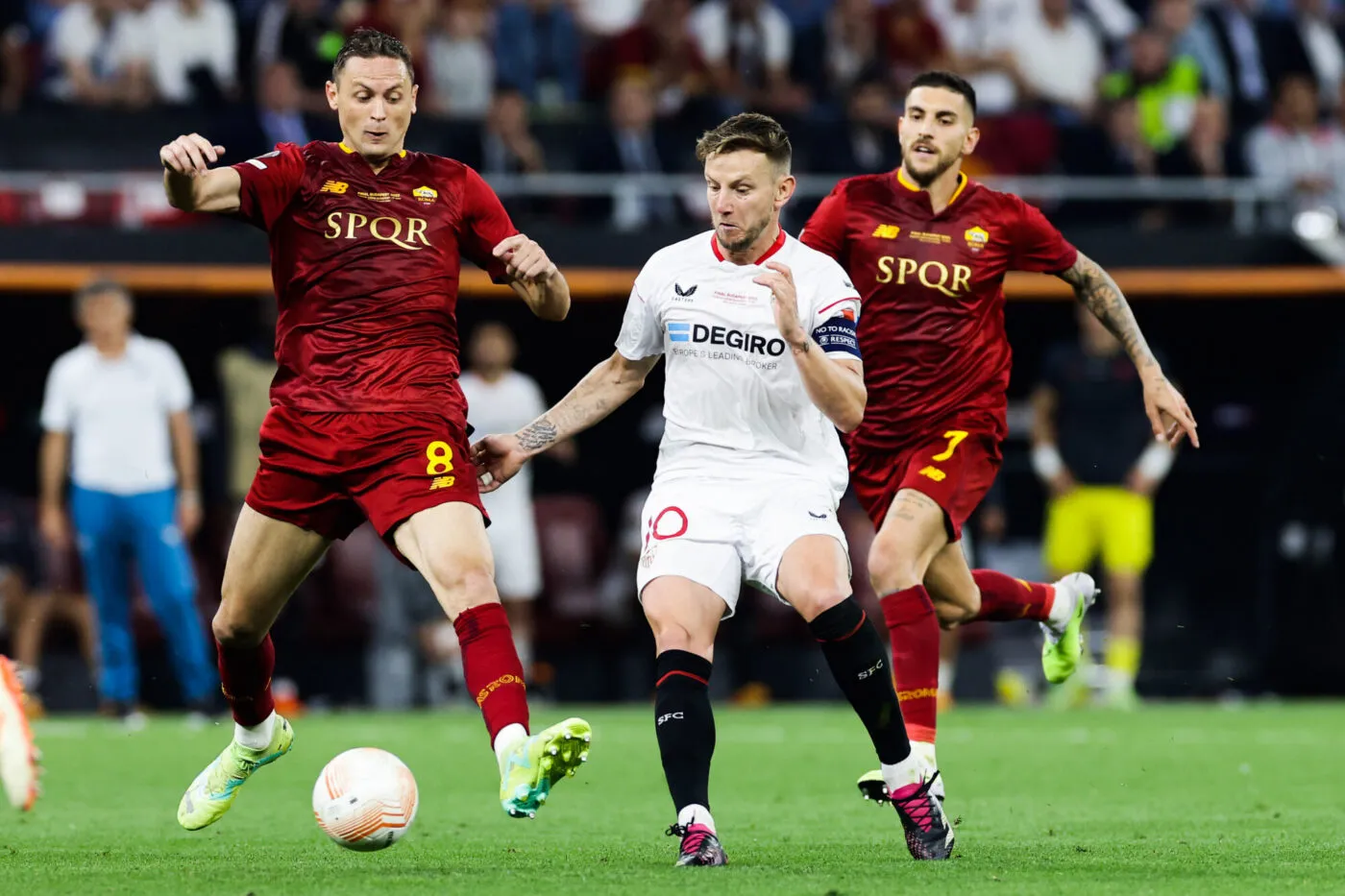 Nemanja Matic of AS Roma and Ivan Rakitic of Sevilla FC during the Europa League Final between Sevilla FC and AS Roma at Puskas Arena stadium in Budapest (Hungary), May 31st, 2023./Sipa USA No Sales in Italy - Photo by Icon sport